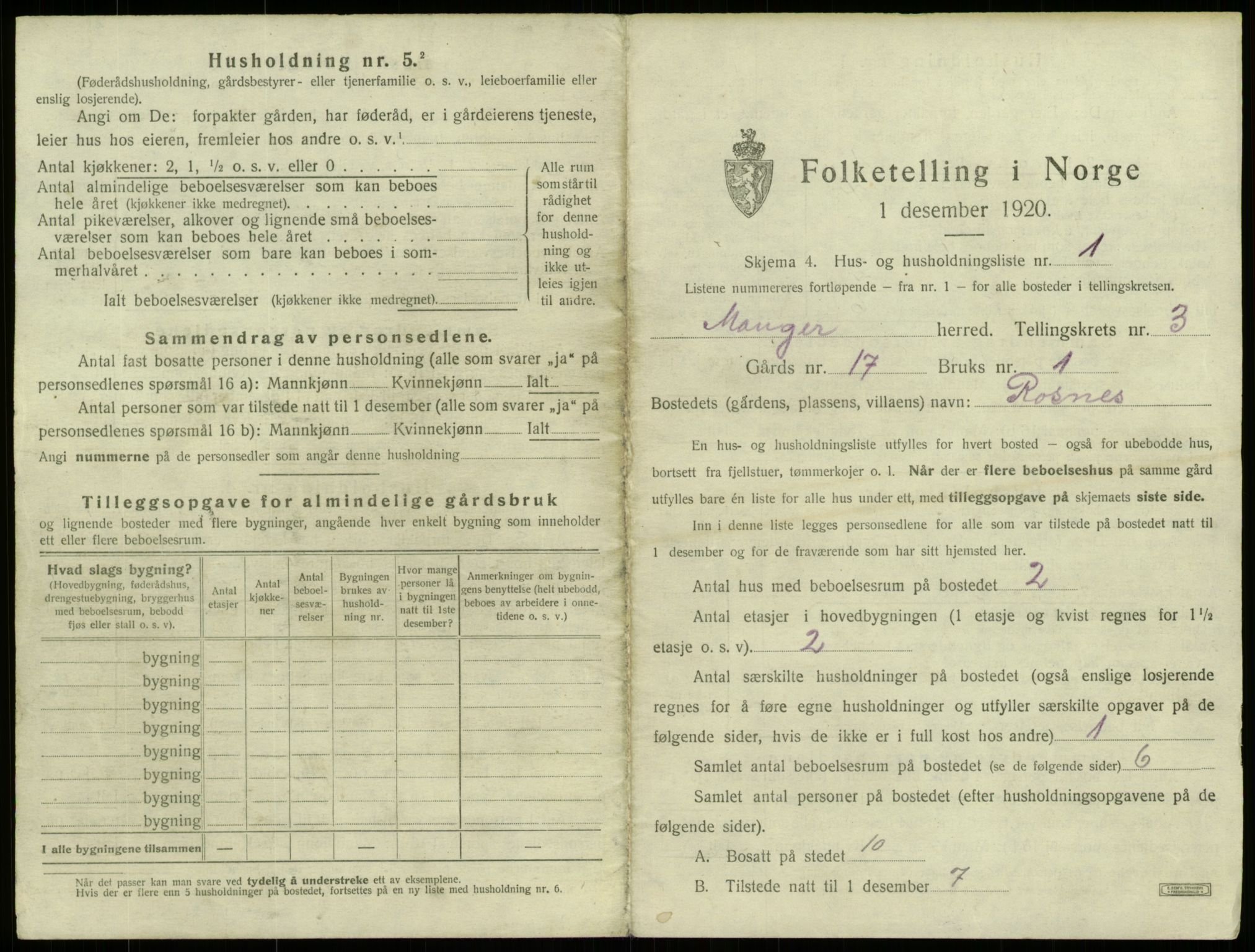 SAB, 1920 census for Manger, 1920, p. 176