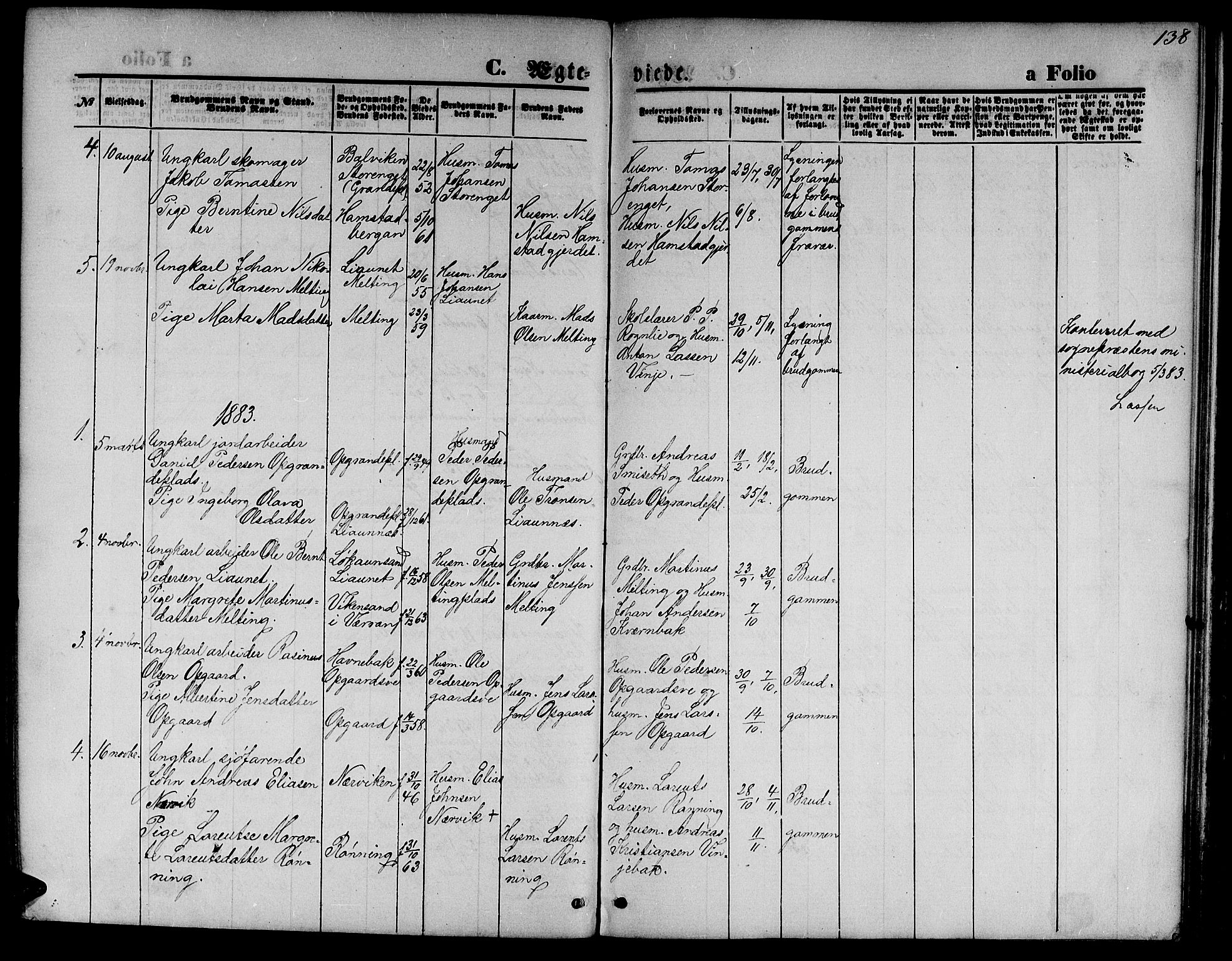 Ministerialprotokoller, klokkerbøker og fødselsregistre - Nord-Trøndelag, AV/SAT-A-1458/733/L0326: Parish register (copy) no. 733C01, 1871-1887, p. 138