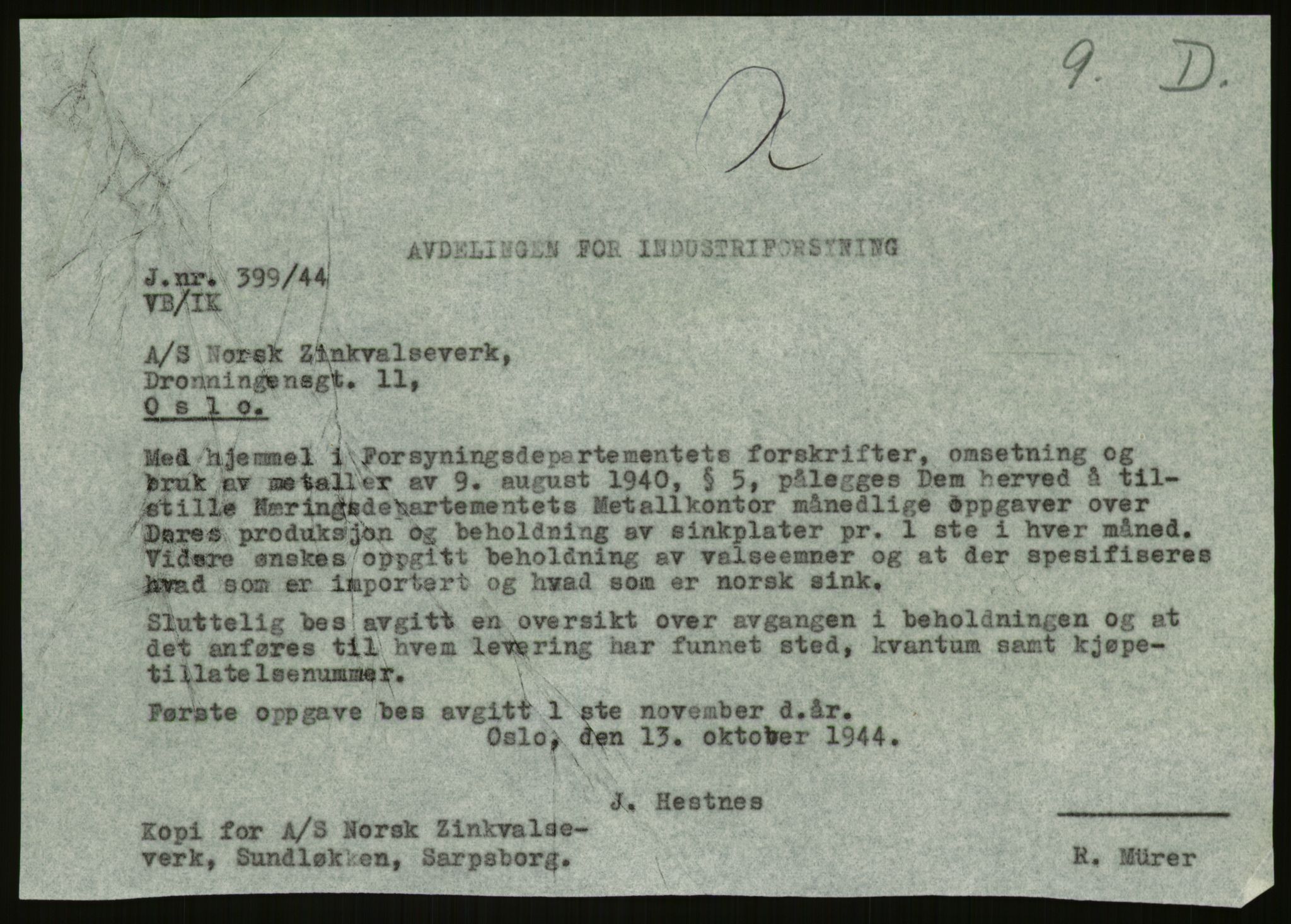 Direktoratet for industriforsyning, Sekretariatet, AV/RA-S-4153/D/Df/L0054: 9. Metallkontoret, 1940-1945, p. 371