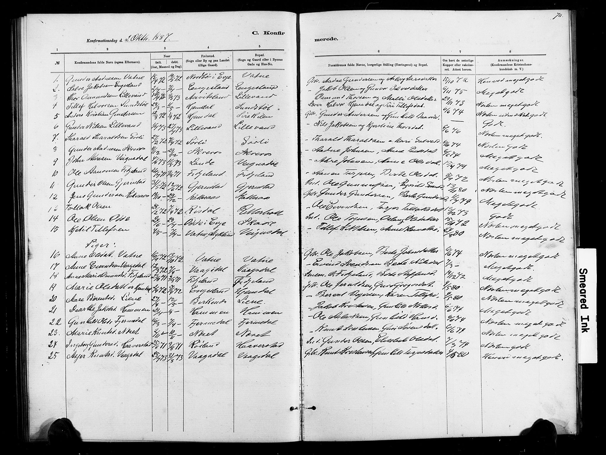 Herefoss sokneprestkontor, AV/SAK-1111-0019/F/Fb/Fbb/L0002: Parish register (copy) no. B 2, 1879-1894, p. 70