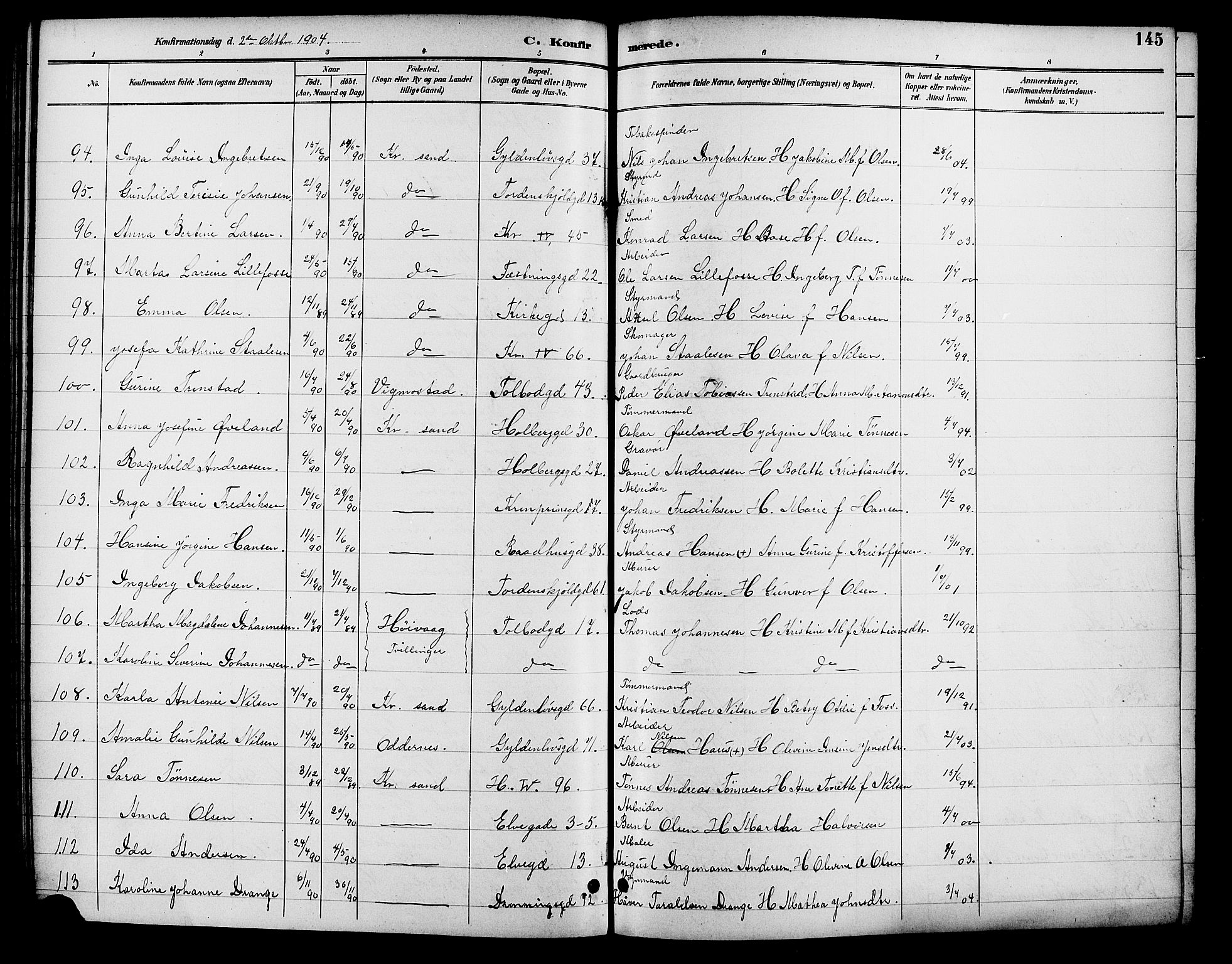 Kristiansand domprosti, SAK/1112-0006/F/Fb/L0017: Parish register (copy) no. B 17, 1893-1906, p. 145