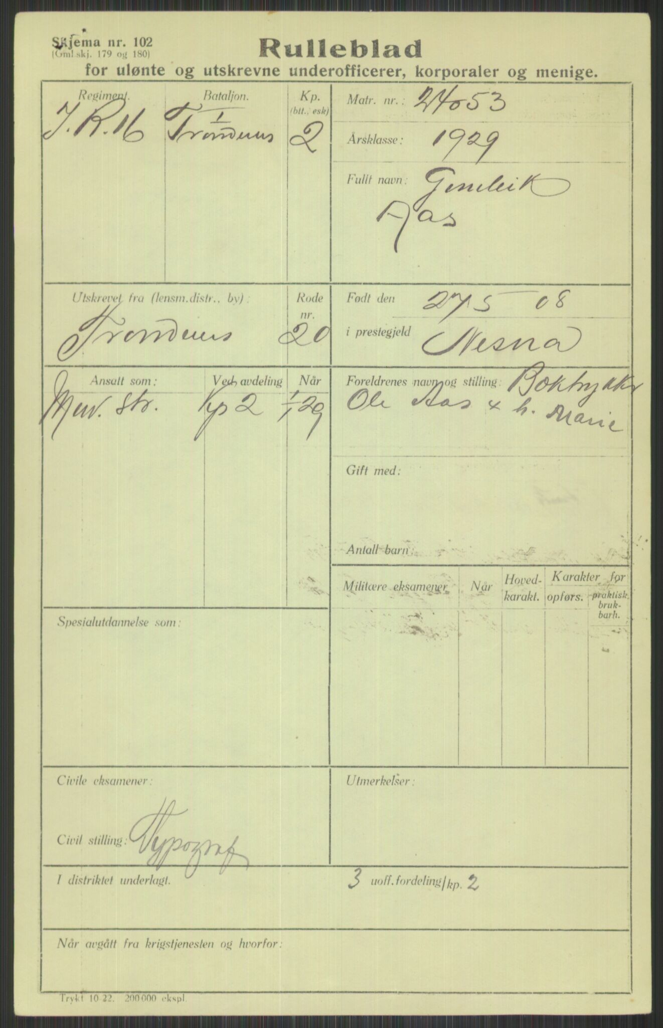 Forsvaret, Troms infanteriregiment nr. 16, AV/RA-RAFA-3146/P/Pa/L0013/0004: Rulleblad / Rulleblad for regimentets menige mannskaper, årsklasse 1929, 1929, p. 5