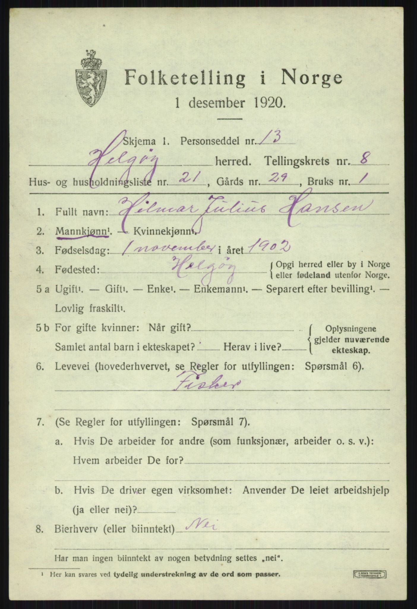 SATØ, 1920 census for Helgøy, 1920, p. 3162