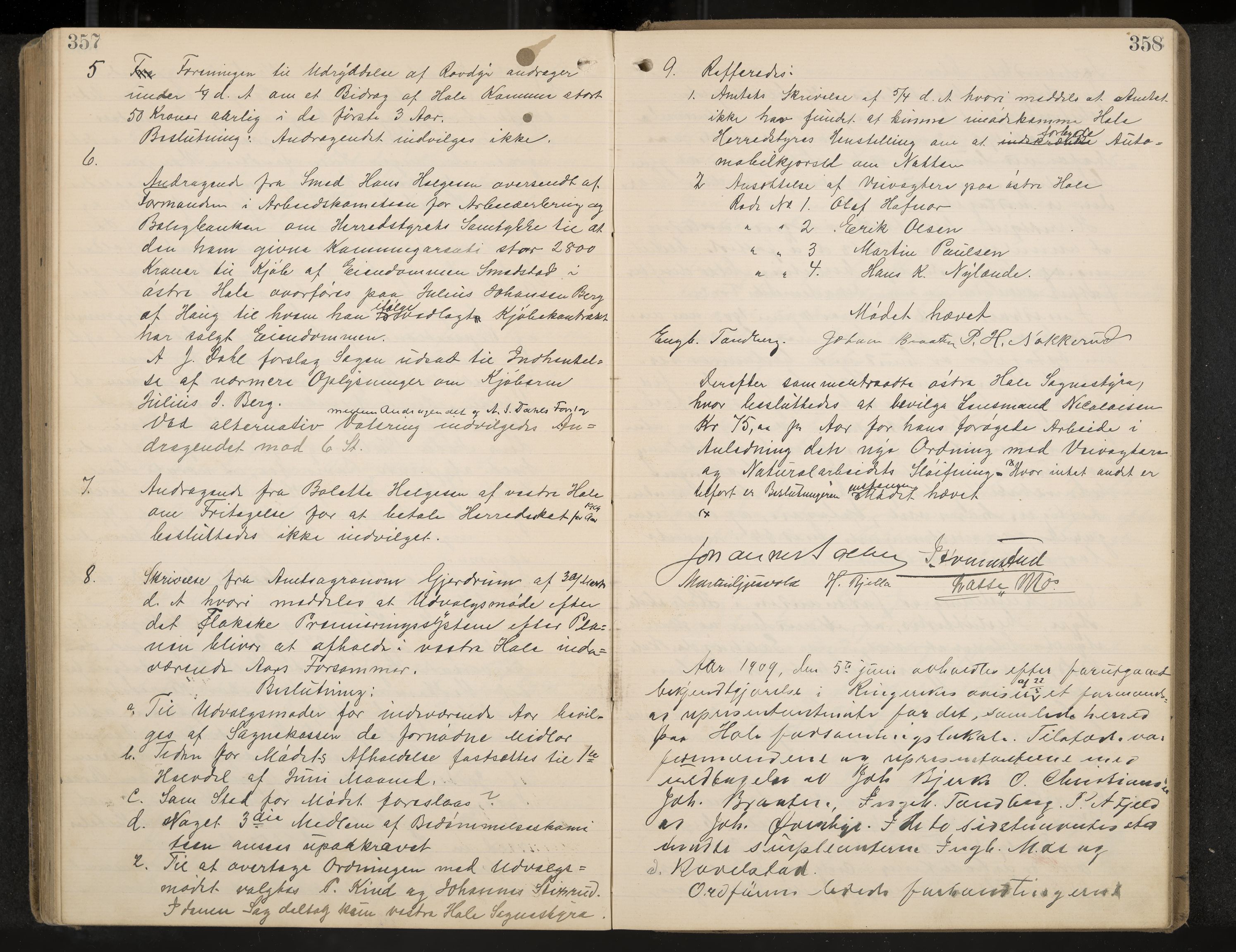 Hole formannskap og sentraladministrasjon, IKAK/0612021-1/A/Aa/L0004: Møtebok med register, 1902-1910, p. 357-358