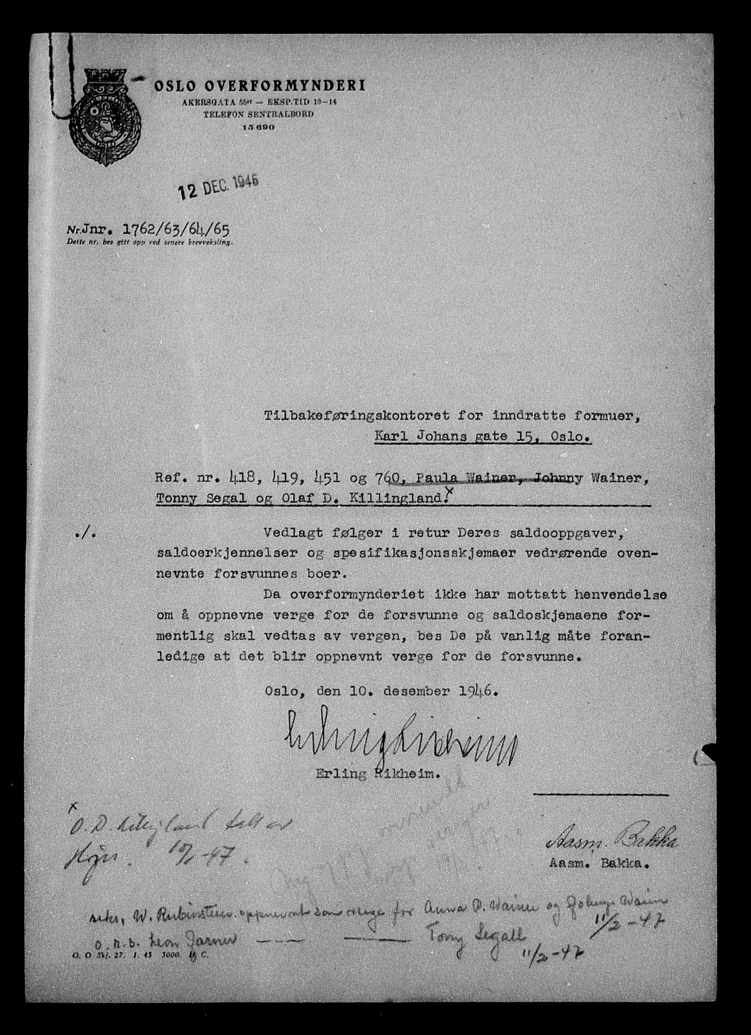 Justisdepartementet, Tilbakeføringskontoret for inndratte formuer, AV/RA-S-1564/H/Hc/Hcc/L0985: --, 1945-1947, p. 10