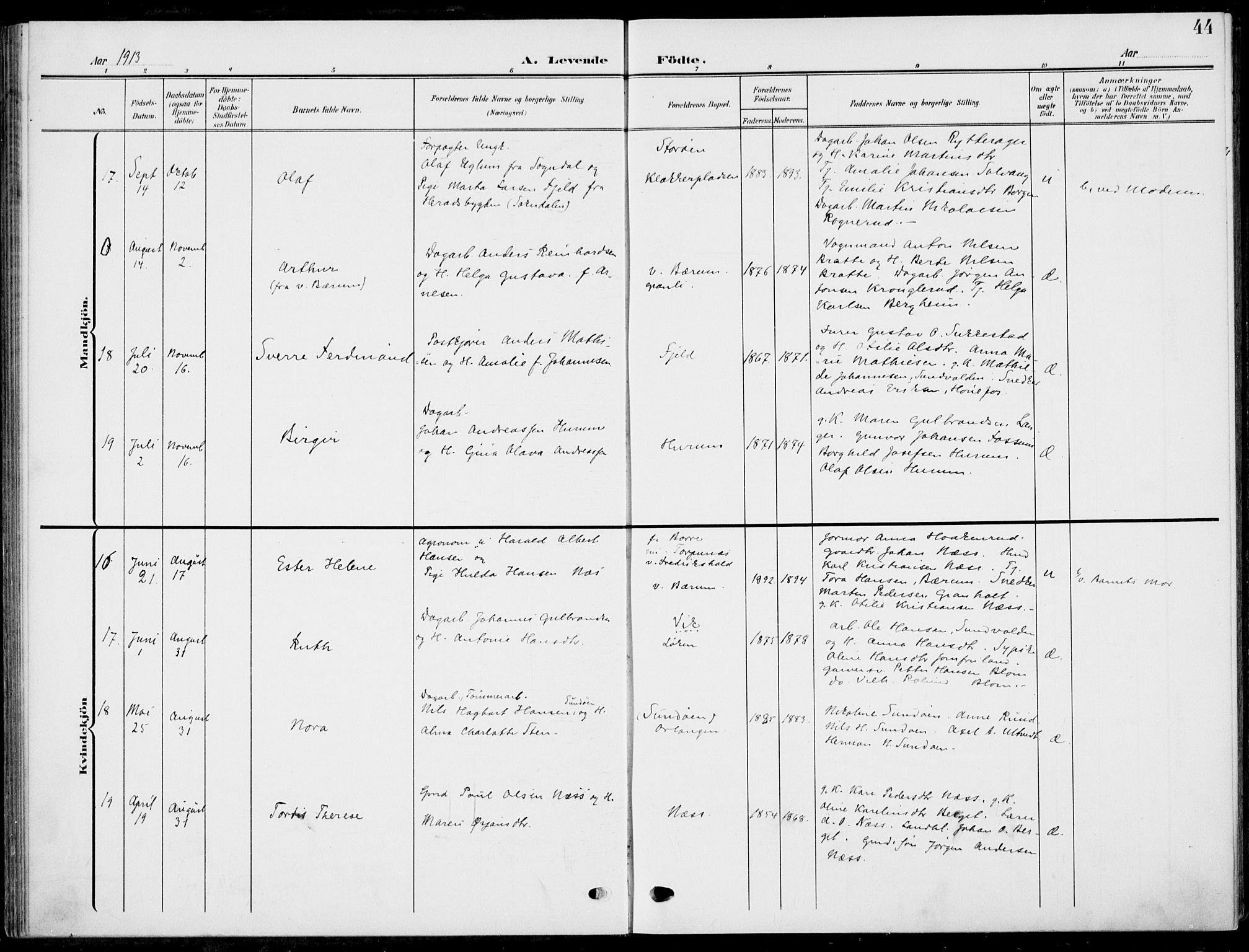 Hole kirkebøker, SAKO/A-228/F/Fa/L0010: Parish register (official) no. I 10, 1907-1917, p. 44