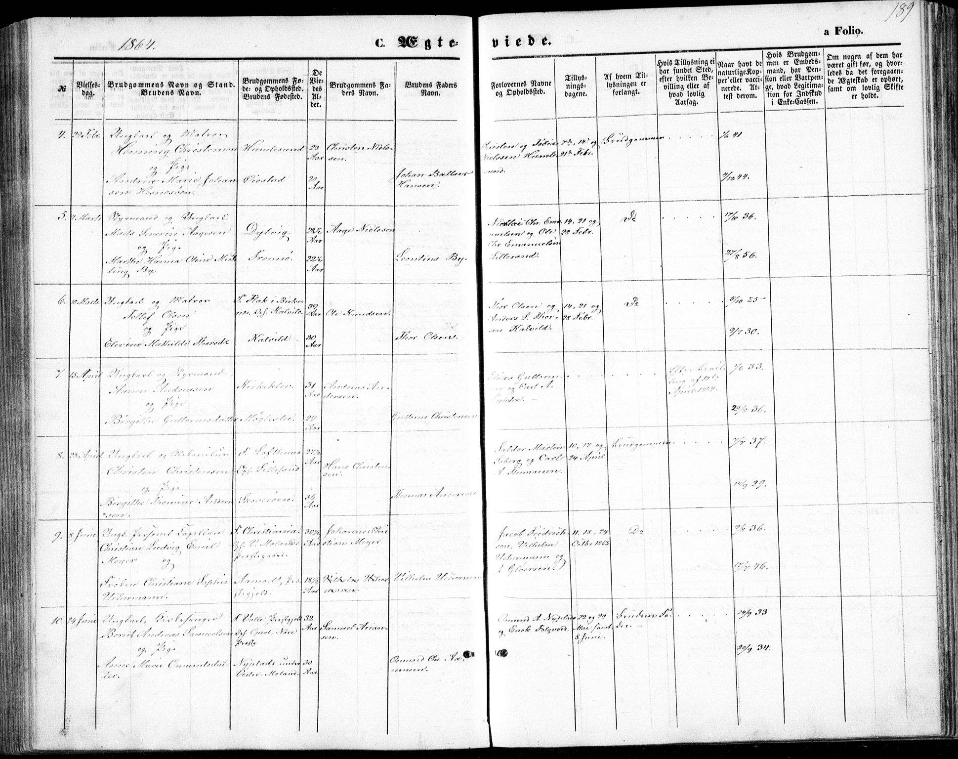 Vestre Moland sokneprestkontor, AV/SAK-1111-0046/F/Fb/Fbb/L0004: Parish register (copy) no. B 4, 1861-1872, p. 189