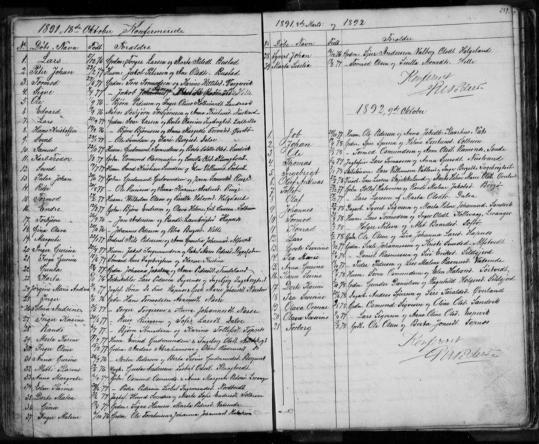 Nedstrand sokneprestkontor, SAST/A-101841/01/V: Parish register (copy) no. B 3, 1848-1933, p. 239