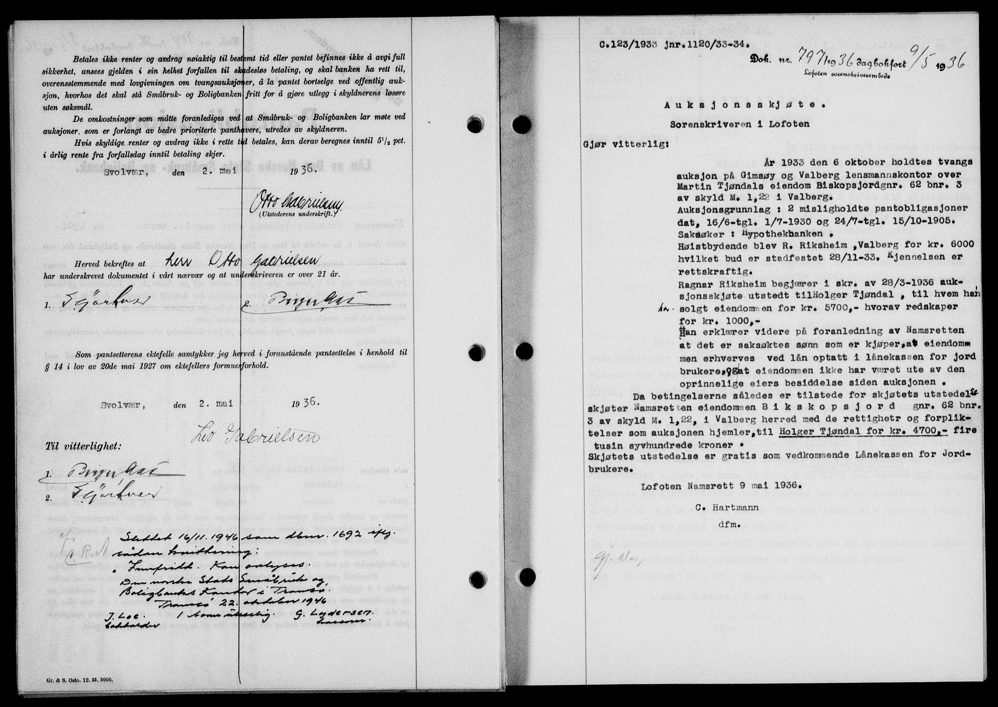Lofoten sorenskriveri, SAT/A-0017/1/2/2C/L0033b: Mortgage book no. 33b, 1936-1936, Diary no: : 797/1936
