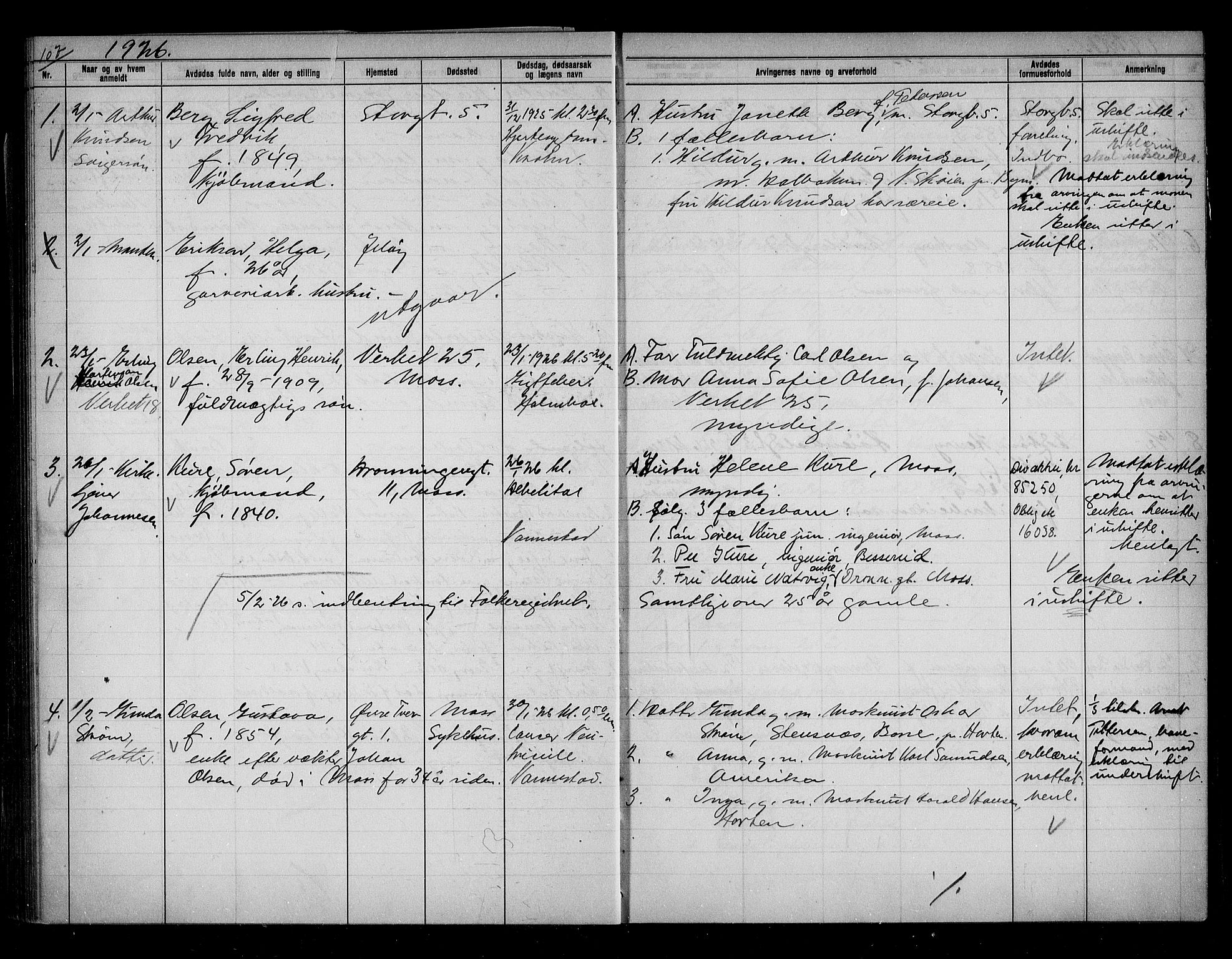 Moss byfogd, SAO/A-10863/H/Ha/Hab/L0006: Dødsanmeldelsesprotokoll, 1921-1931, p. 107