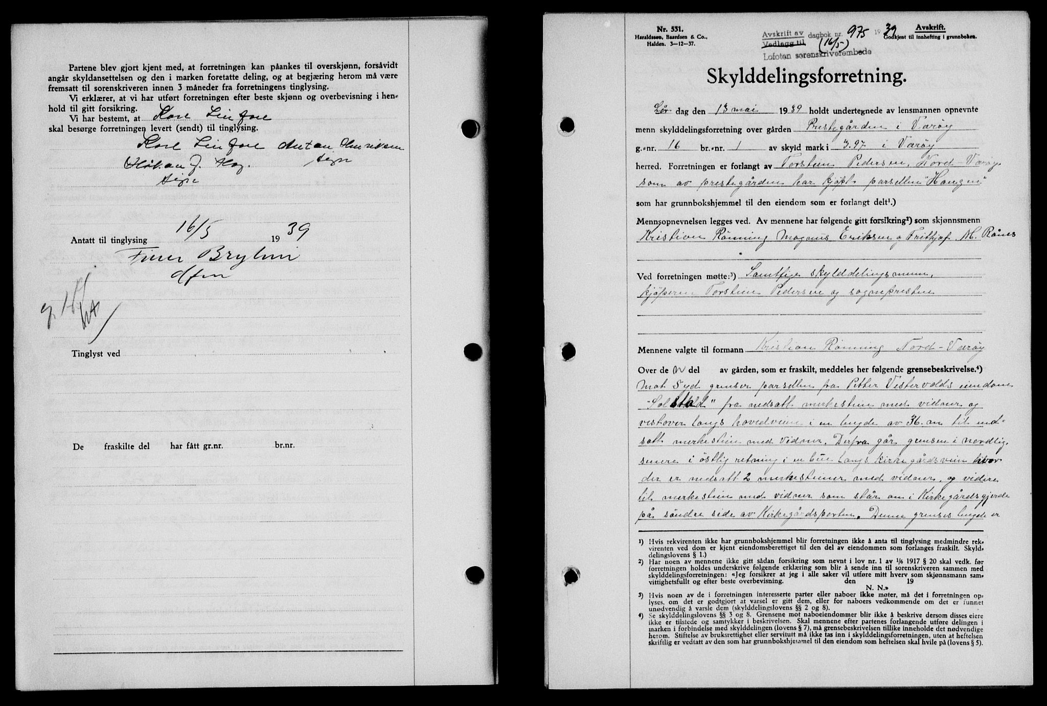 Lofoten sorenskriveri, SAT/A-0017/1/2/2C/L0005a: Mortgage book no. 5a, 1939-1939, Diary no: : 975/1939