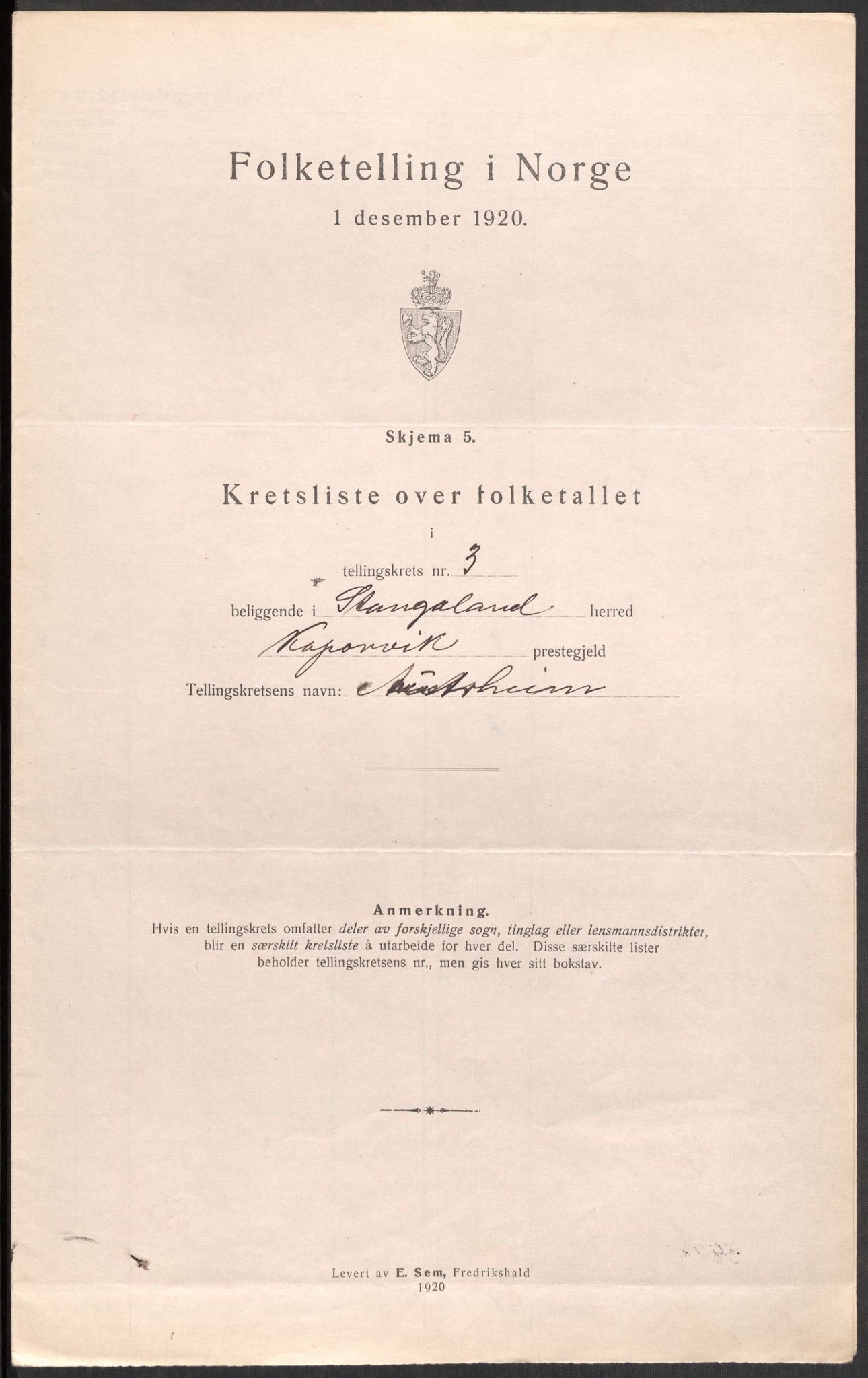 SAST, 1920 census for Stangaland, 1920, p. 15