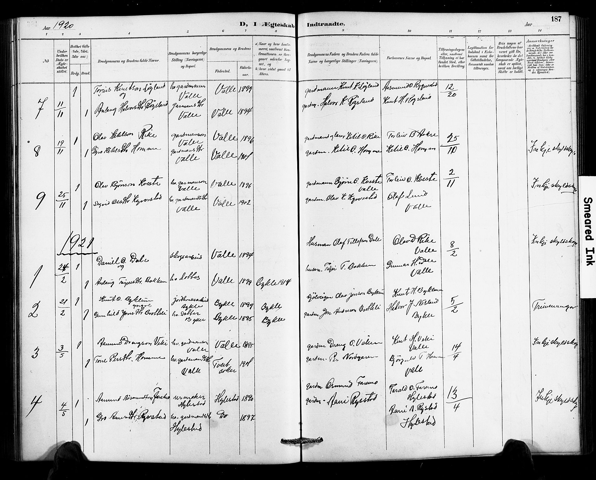 Valle sokneprestkontor, SAK/1111-0044/F/Fb/Fbc/L0004: Parish register (copy) no. B 4, 1890-1928, p. 187
