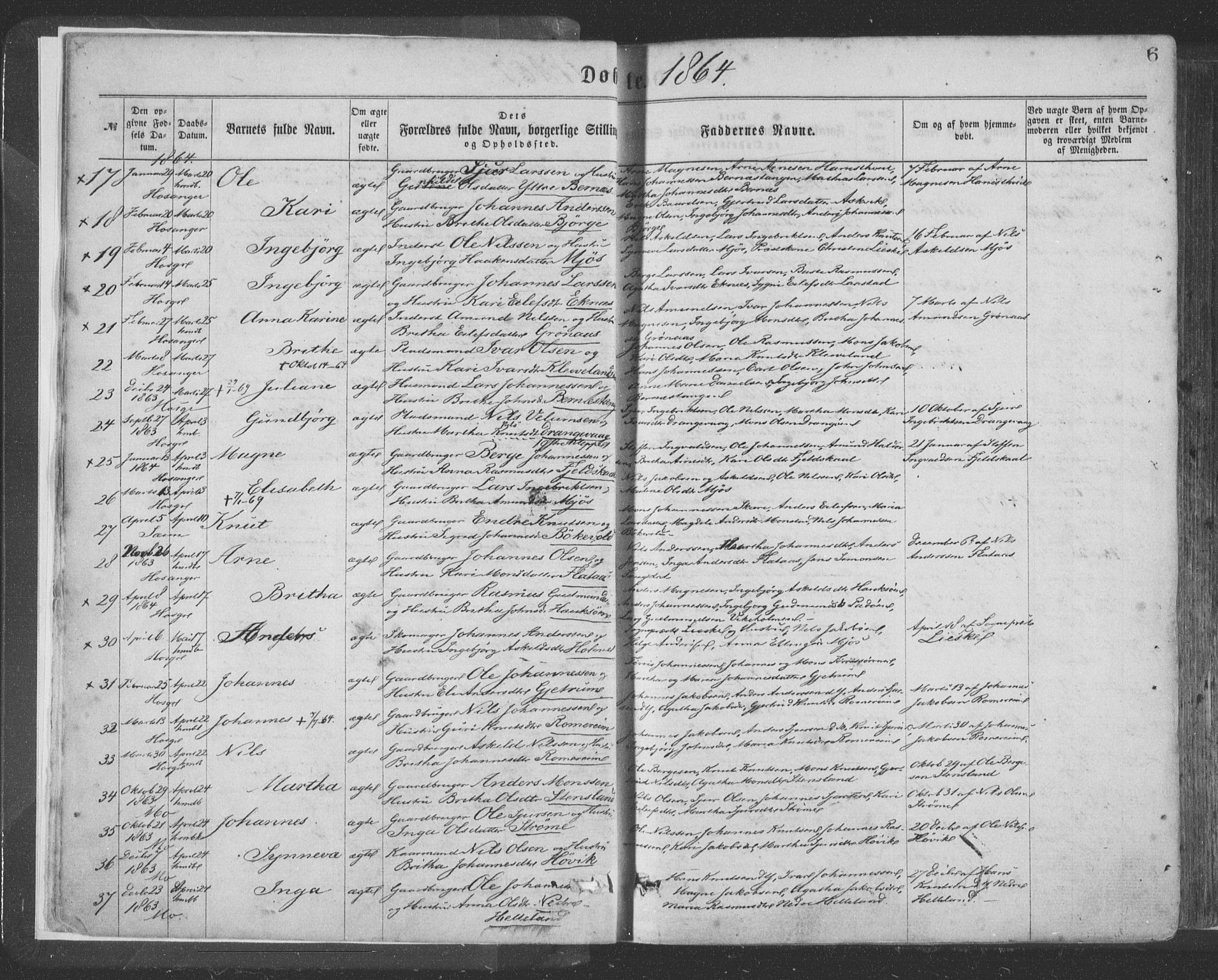 Hosanger sokneprestembete, AV/SAB-A-75801/H/Haa: Parish register (official) no. A 9, 1864-1876, p. 6