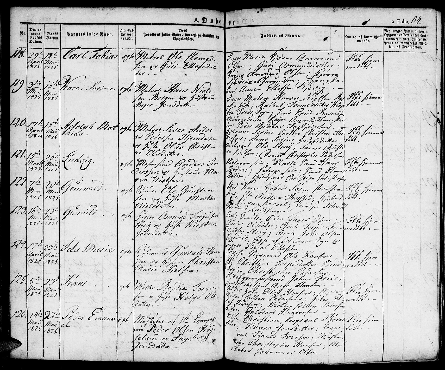 Kristiansand domprosti, SAK/1112-0006/F/Fa/L0009: Parish register (official) no. A 9, 1821-1827, p. 84