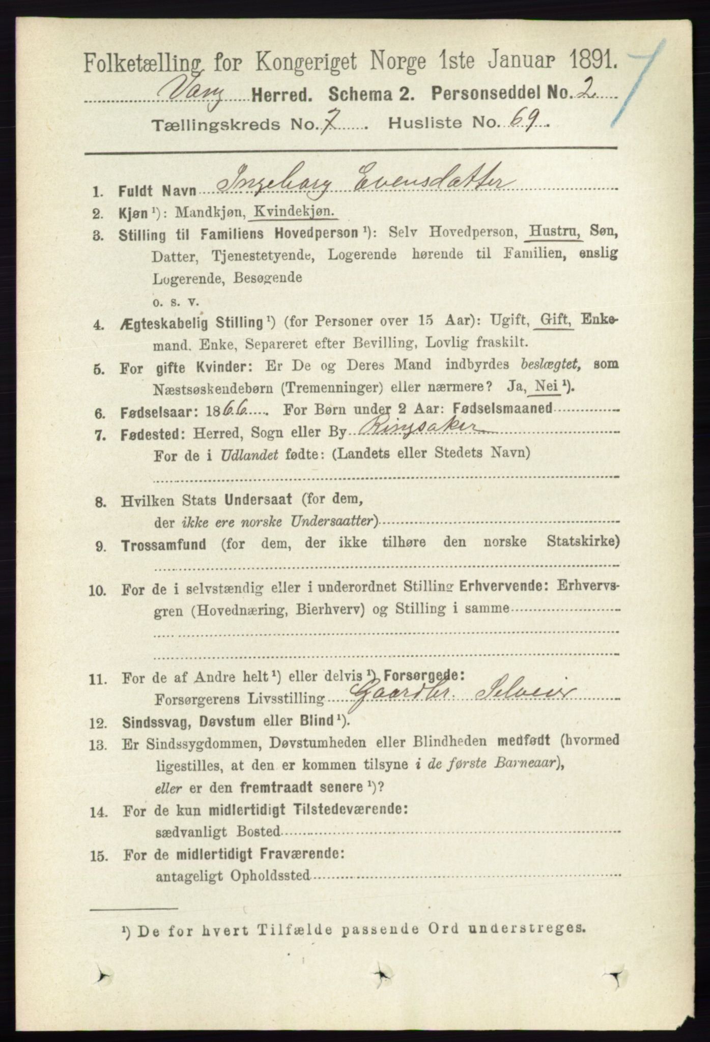 RA, 1891 census for 0414 Vang, 1891, p. 5377