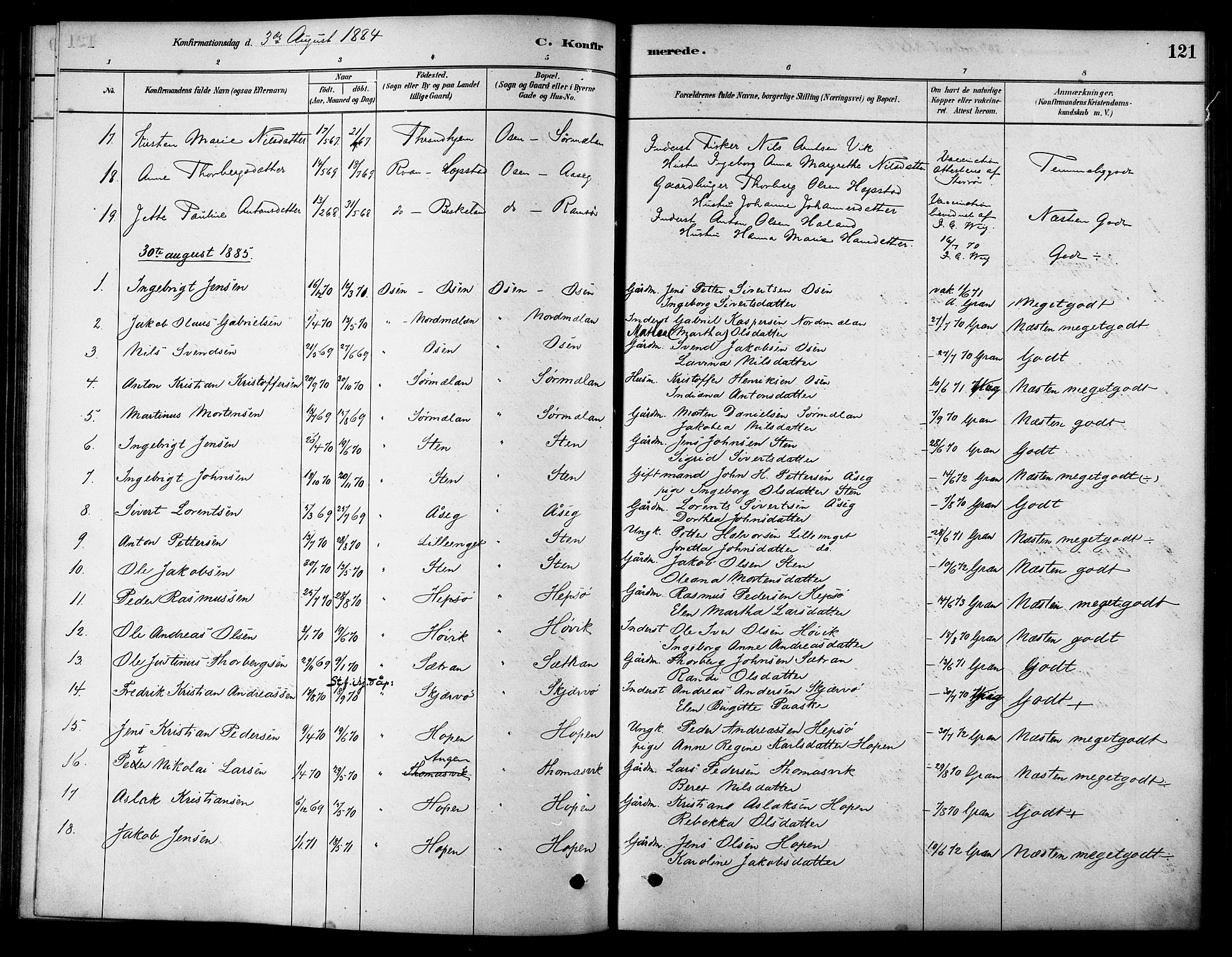 Ministerialprotokoller, klokkerbøker og fødselsregistre - Sør-Trøndelag, SAT/A-1456/658/L0722: Parish register (official) no. 658A01, 1879-1896, p. 121