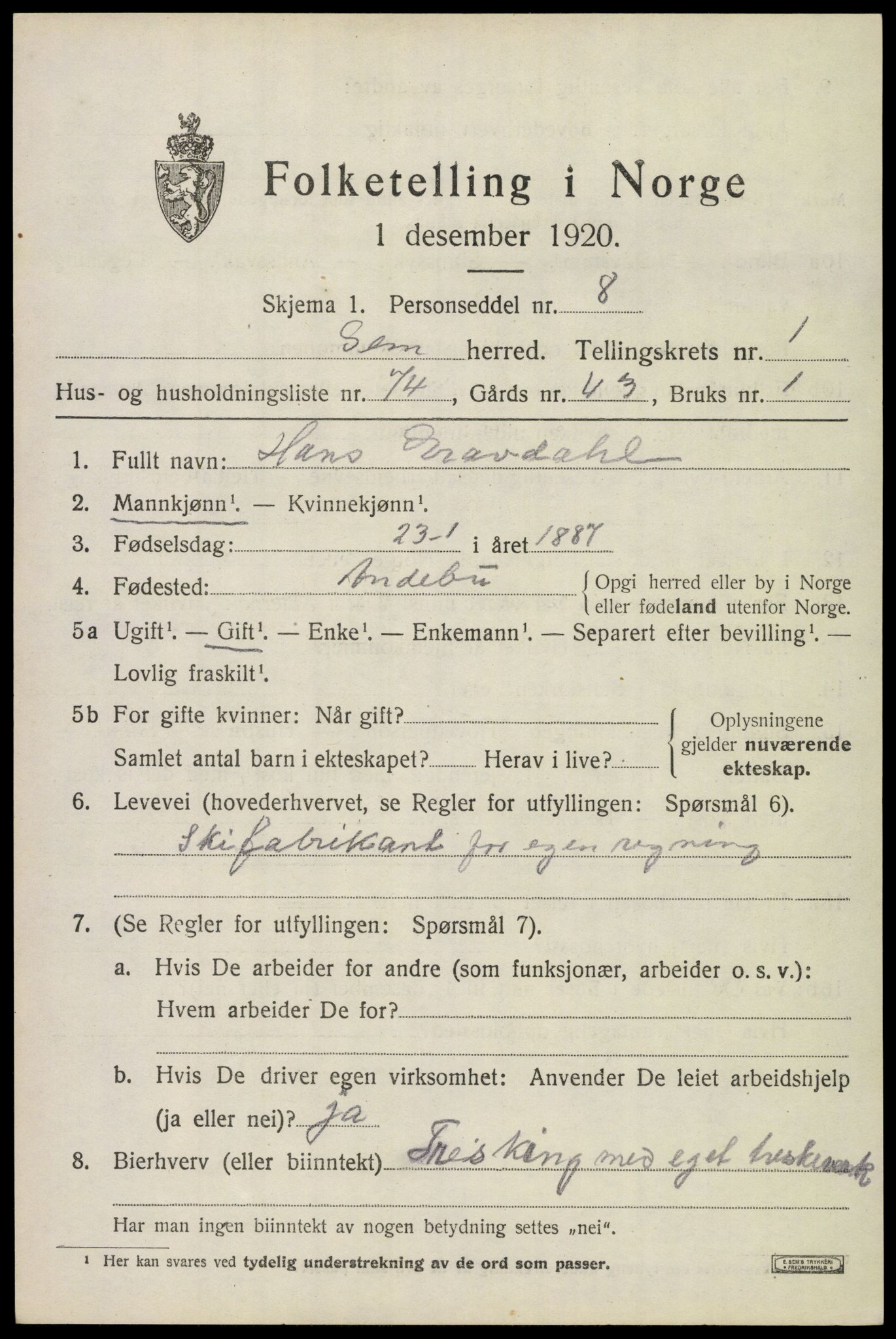 SAKO, 1920 census for Sem, 1920, p. 3573
