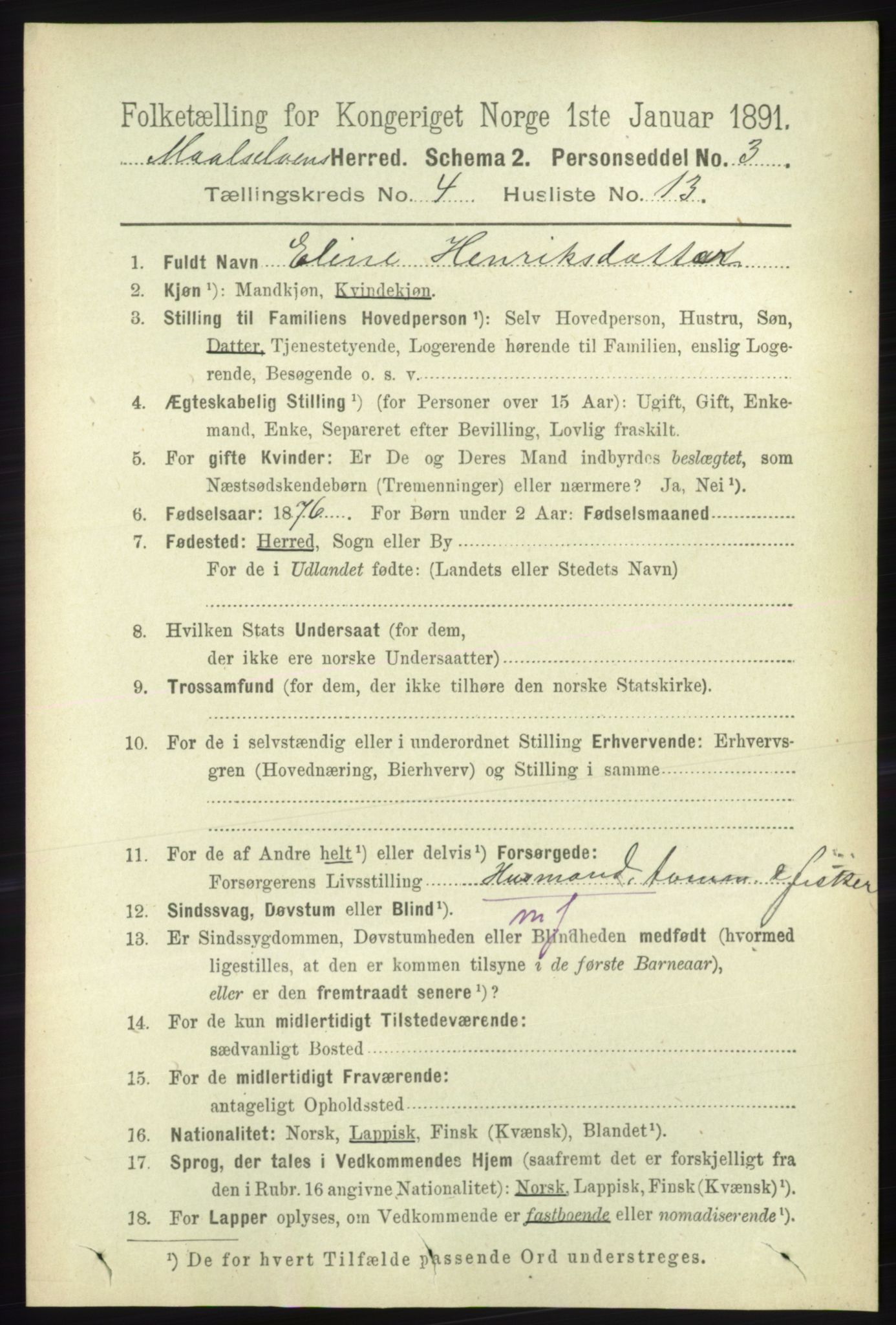 RA, 1891 census for 1924 Målselv, 1891, p. 1168