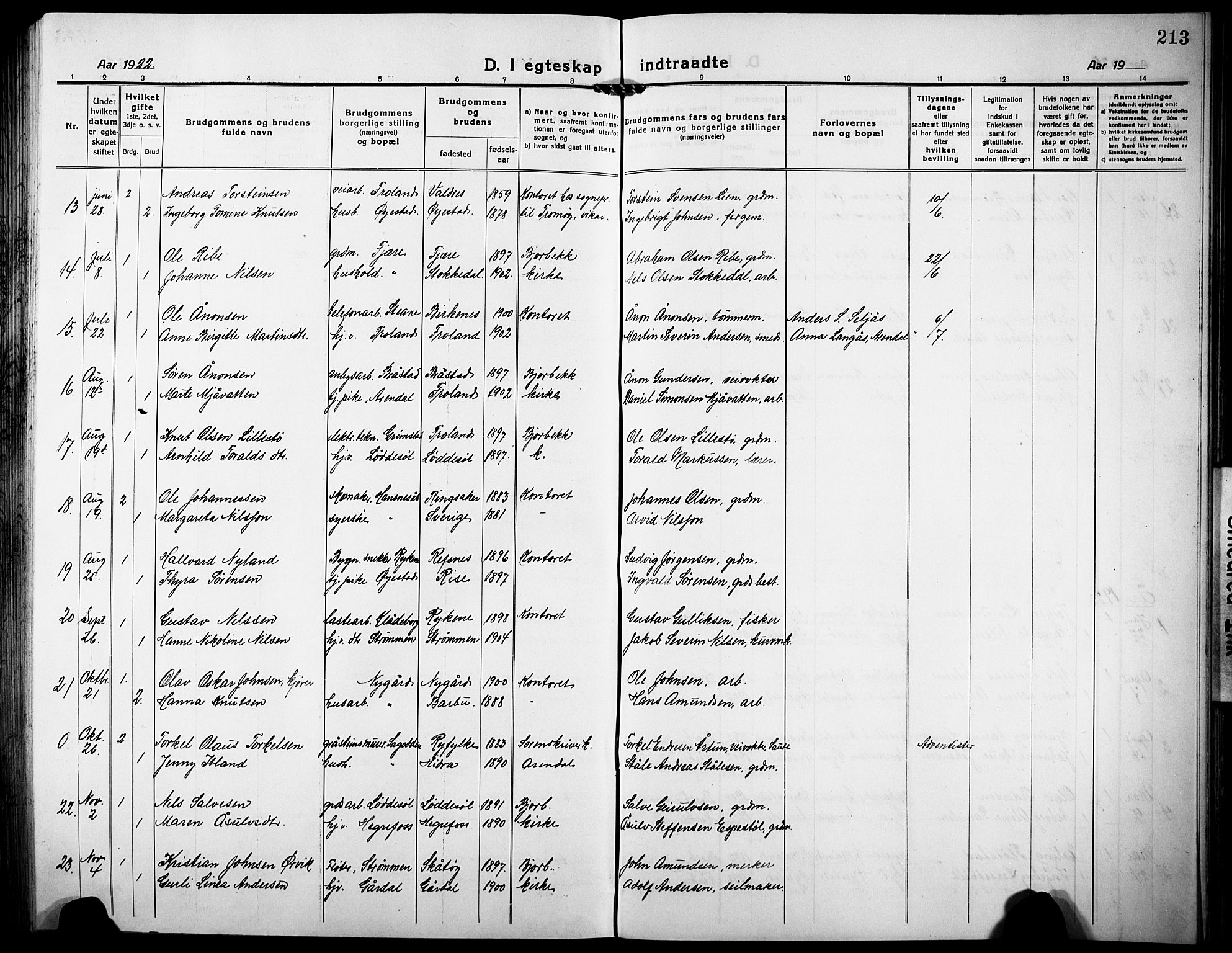 Øyestad sokneprestkontor, AV/SAK-1111-0049/F/Fb/L0012: Parish register (copy) no. B 12, 1919-1932, p. 213
