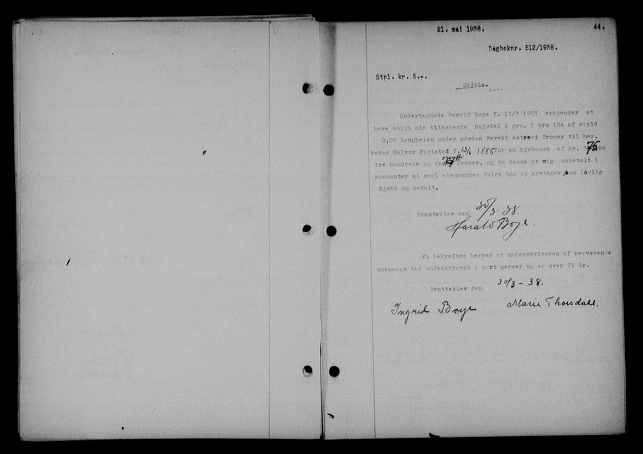 Nedenes sorenskriveri, SAK/1221-0006/G/Gb/Gba/L0045: Mortgage book no. 41, 1938-1938, Diary no: : 512/1938