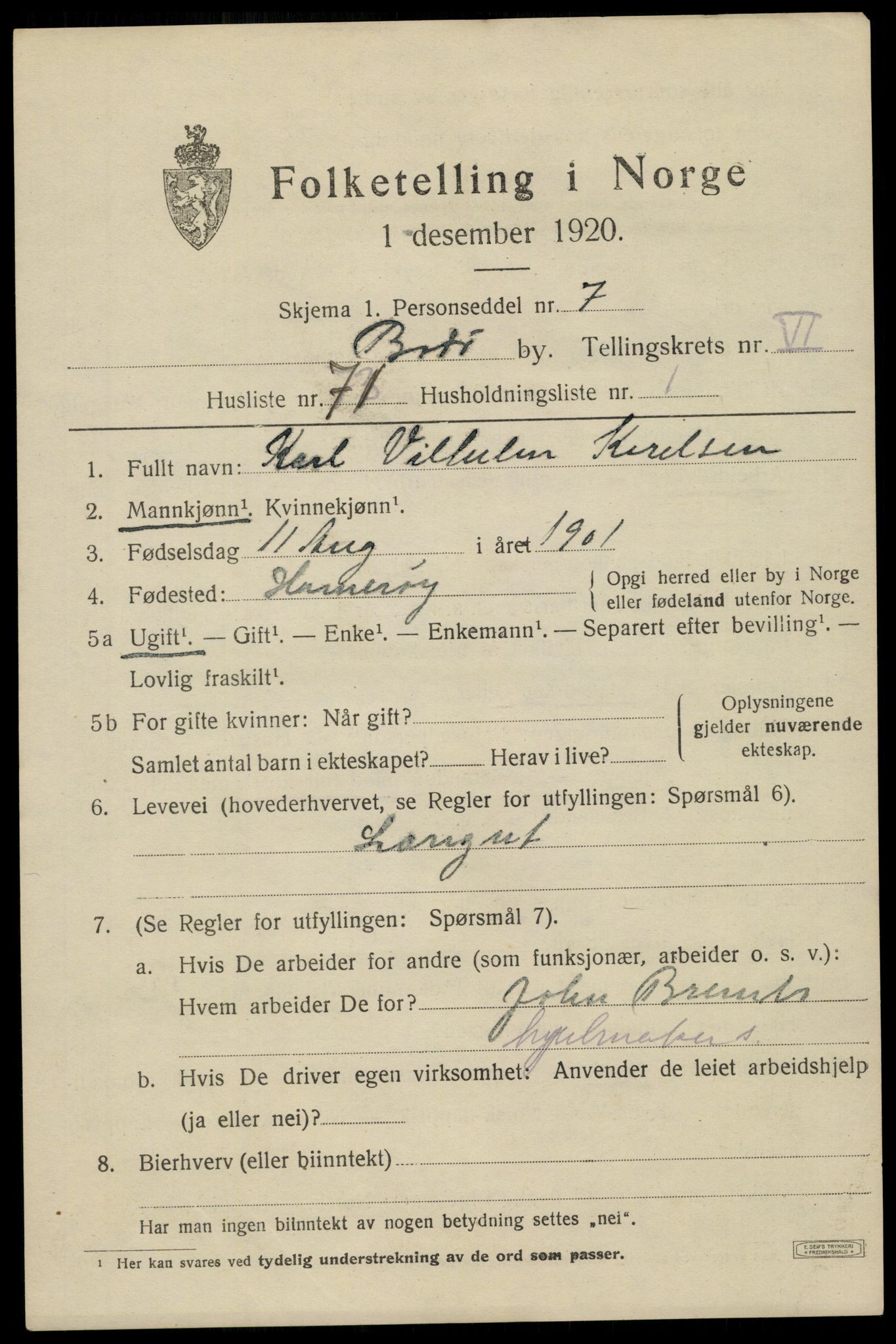 SAT, 1920 census for Bodø, 1920, p. 11093