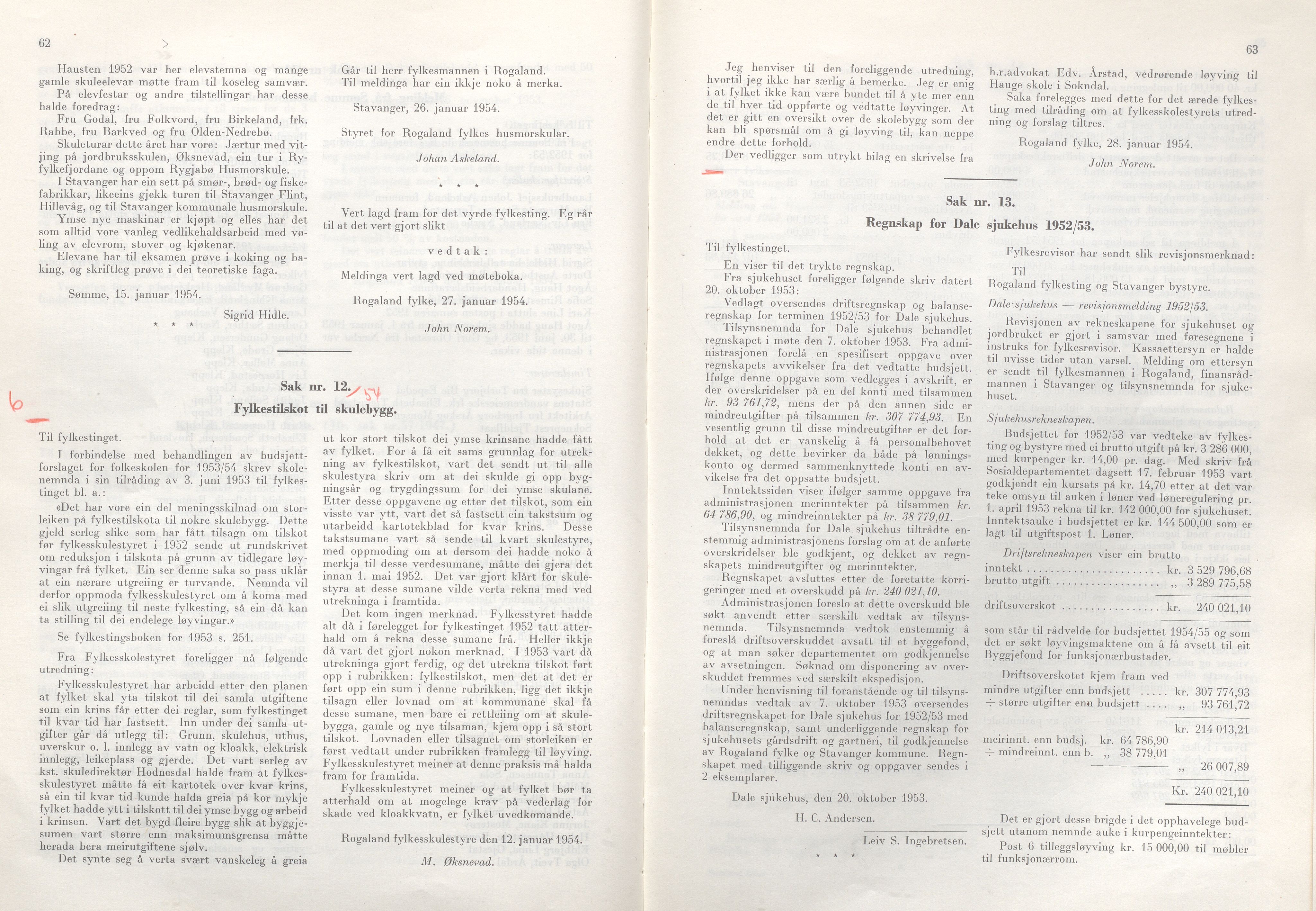 Rogaland fylkeskommune - Fylkesrådmannen , IKAR/A-900/A/Aa/Aaa/L0073: Møtebok , 1954, p. 62-63