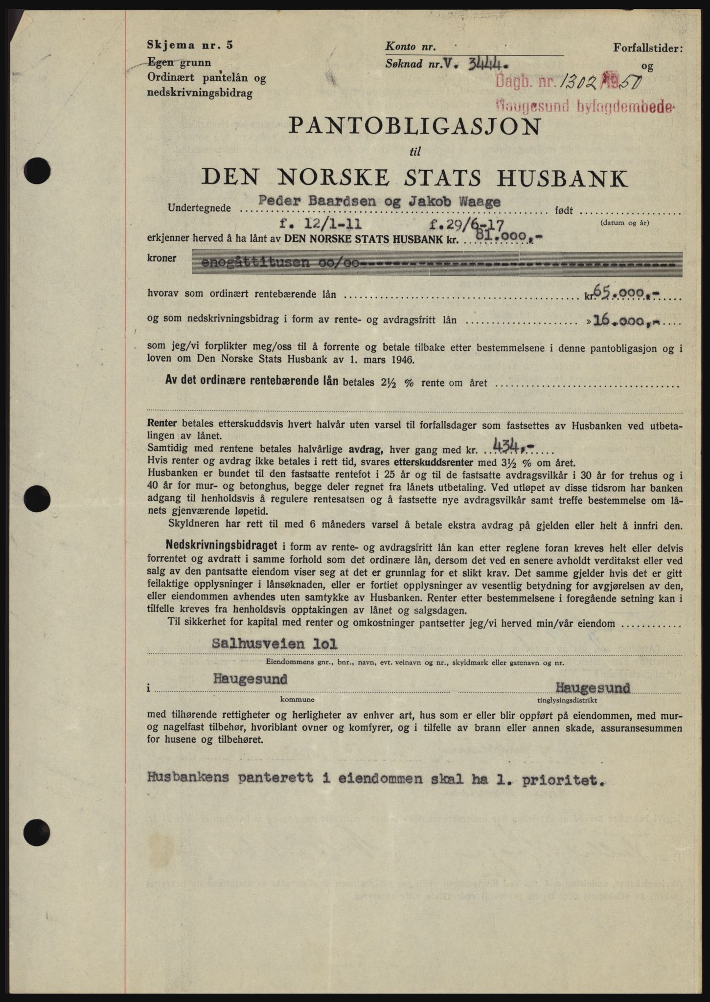 Haugesund tingrett, AV/SAST-A-101415/01/II/IIC/L0037: Mortgage book no. B 37, 1949-1950, Diary no: : 1302/1950