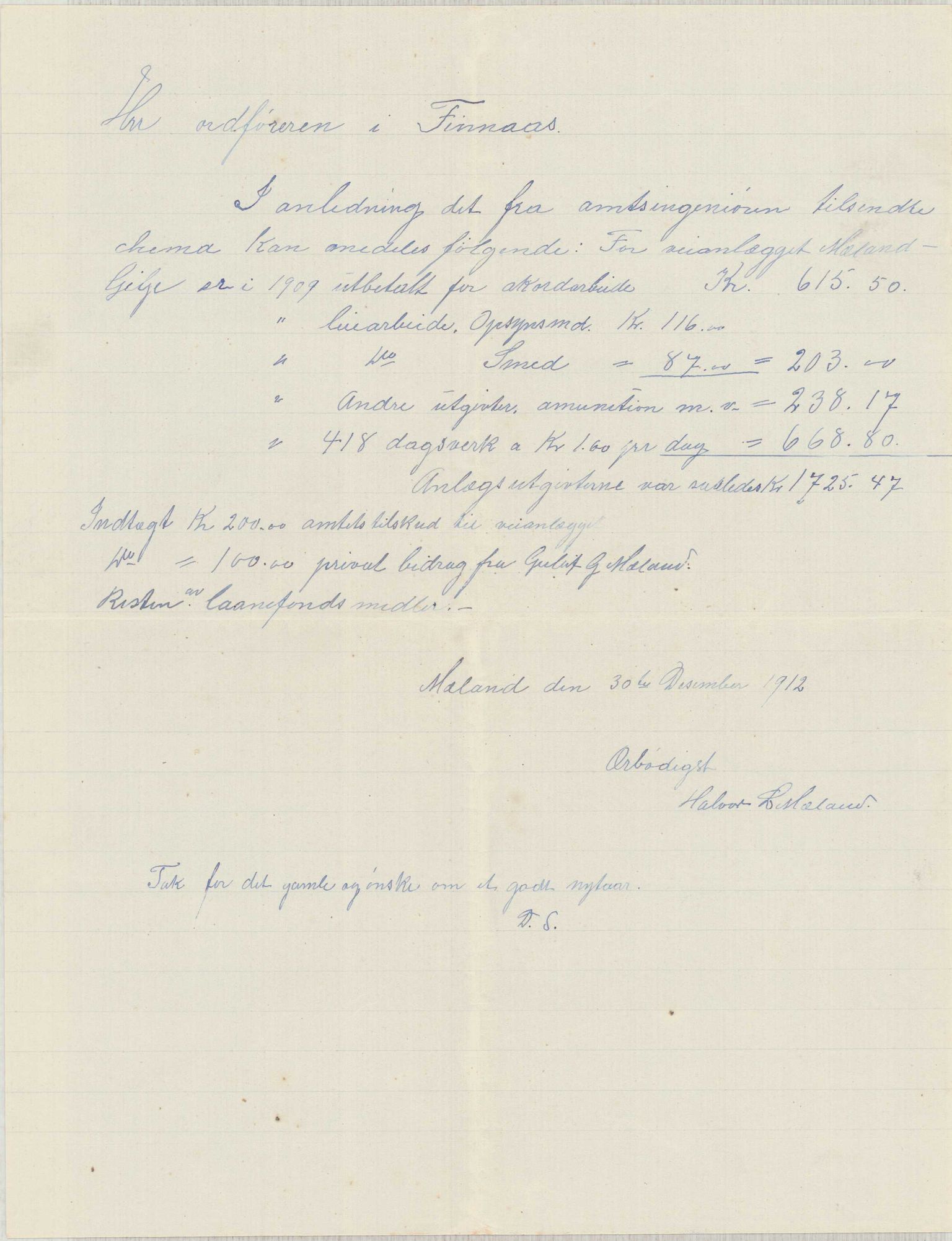 Finnaas kommune. Formannskapet, IKAH/1218a-021/E/Ea/L0001/0005: Rekneskap for veganlegg / Rekneskap for veganlegget Mælandsvåg - Gilje, 1907-1910, p. 50