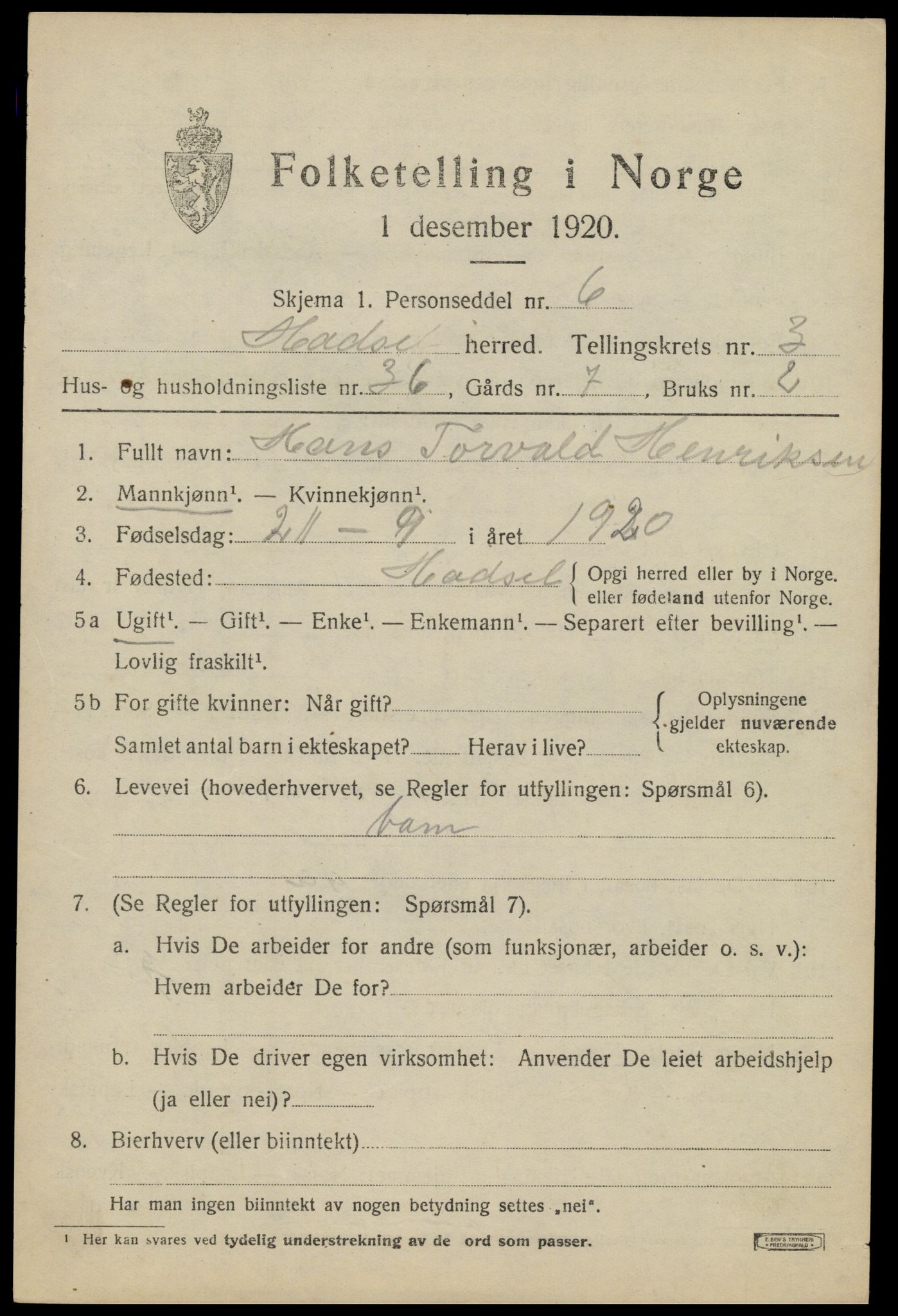 SAT, 1920 census for Hadsel, 1920, p. 5494