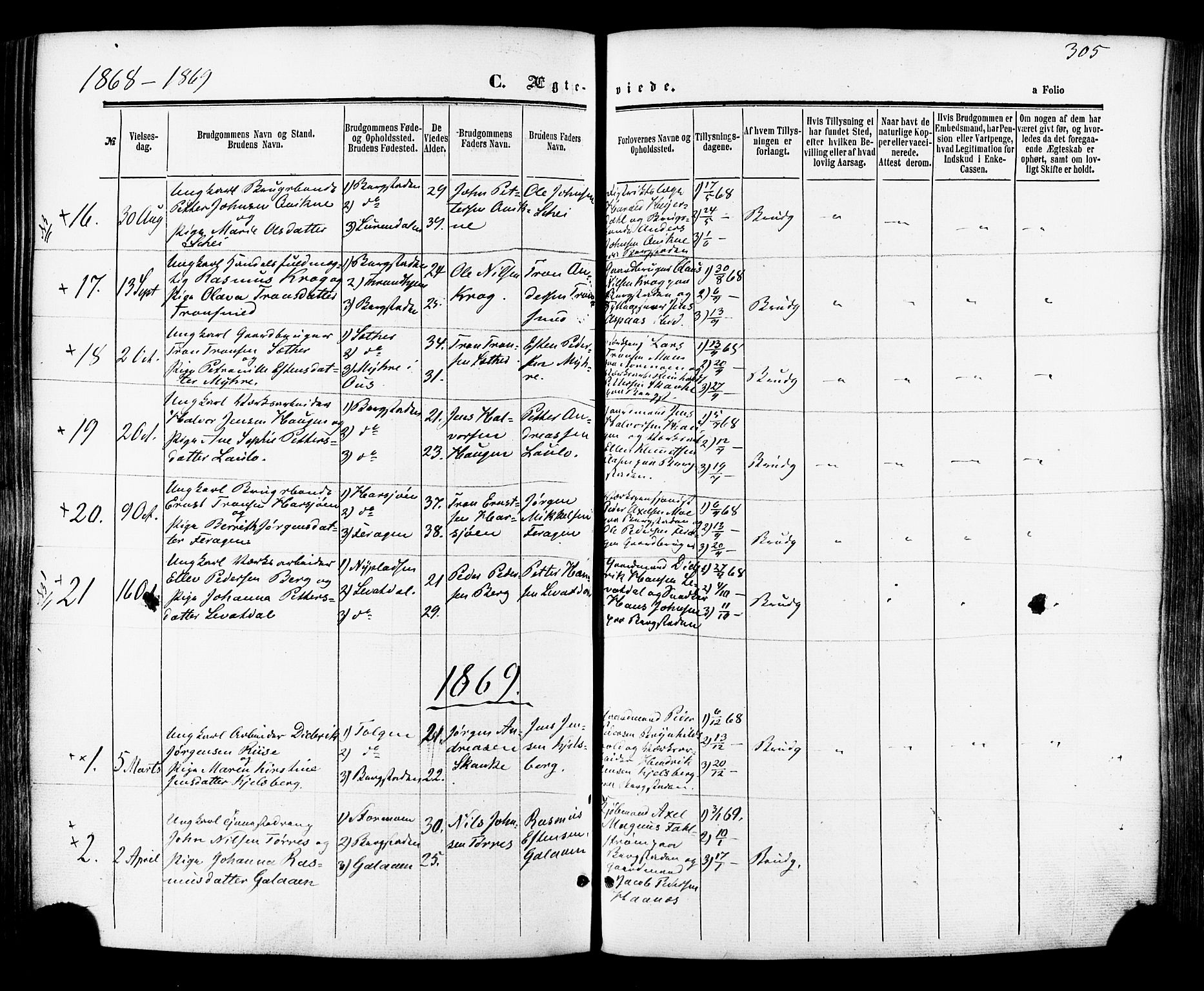 Ministerialprotokoller, klokkerbøker og fødselsregistre - Sør-Trøndelag, SAT/A-1456/681/L0932: Parish register (official) no. 681A10, 1860-1878, p. 305
