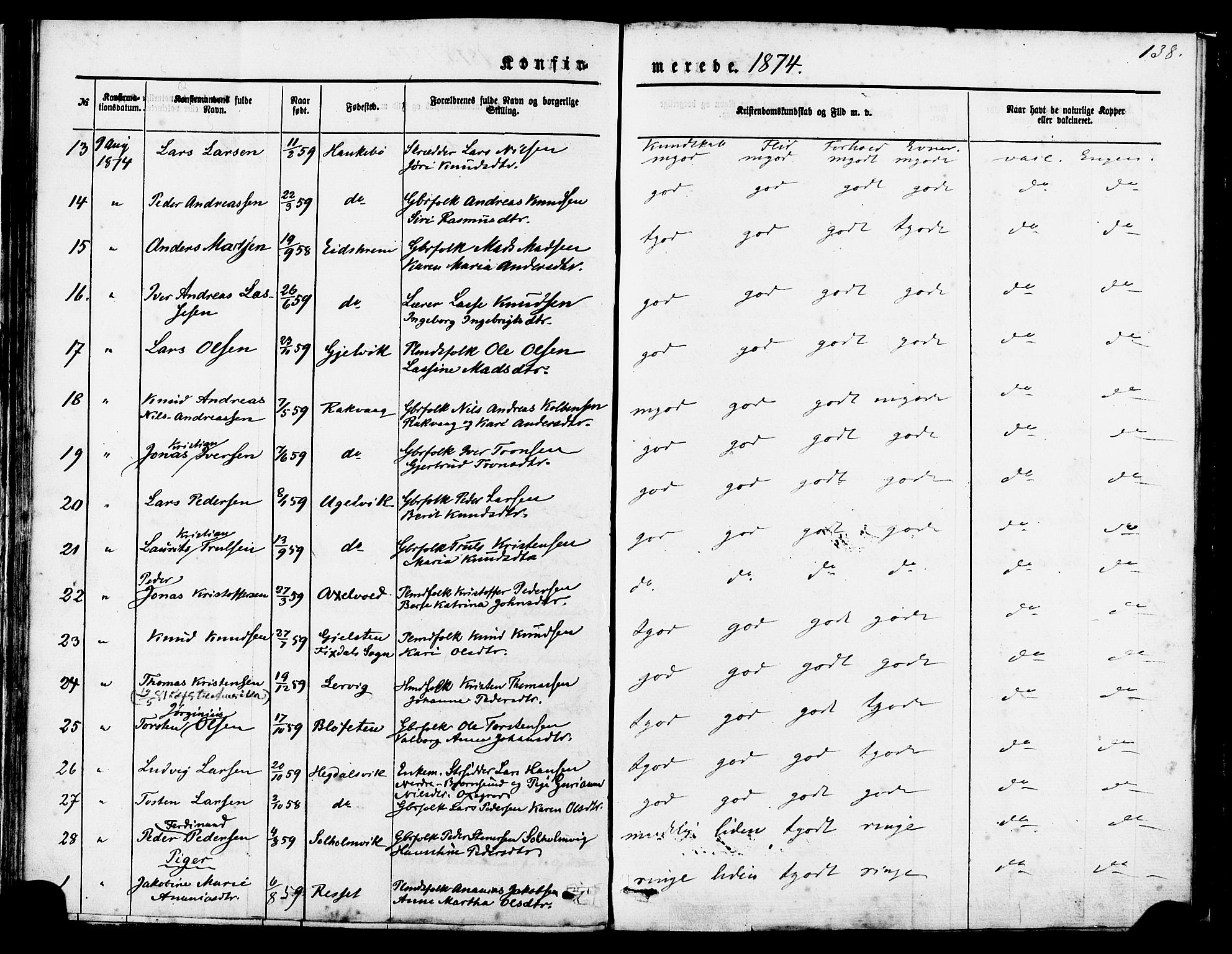 Ministerialprotokoller, klokkerbøker og fødselsregistre - Møre og Romsdal, AV/SAT-A-1454/560/L0720: Parish register (official) no. 560A04, 1873-1878, p. 138