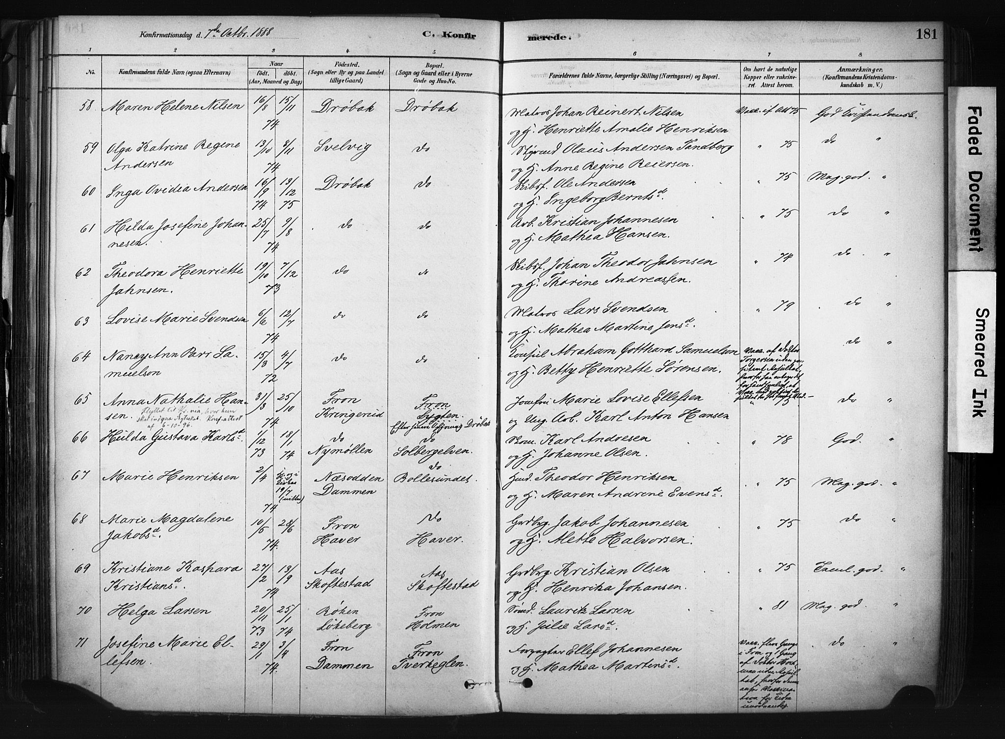 Drøbak prestekontor Kirkebøker, SAO/A-10142a/F/Fb/L0001: Parish register (official) no. II 1, 1878-1891, p. 181