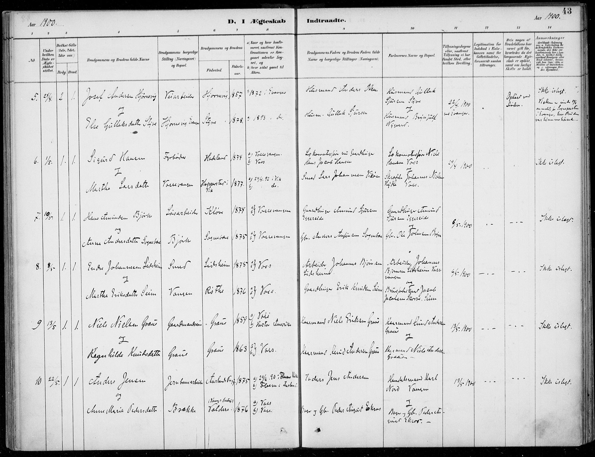 Voss sokneprestembete, SAB/A-79001/H/Haa: Parish register (official) no. C  1, 1887-1915, p. 43