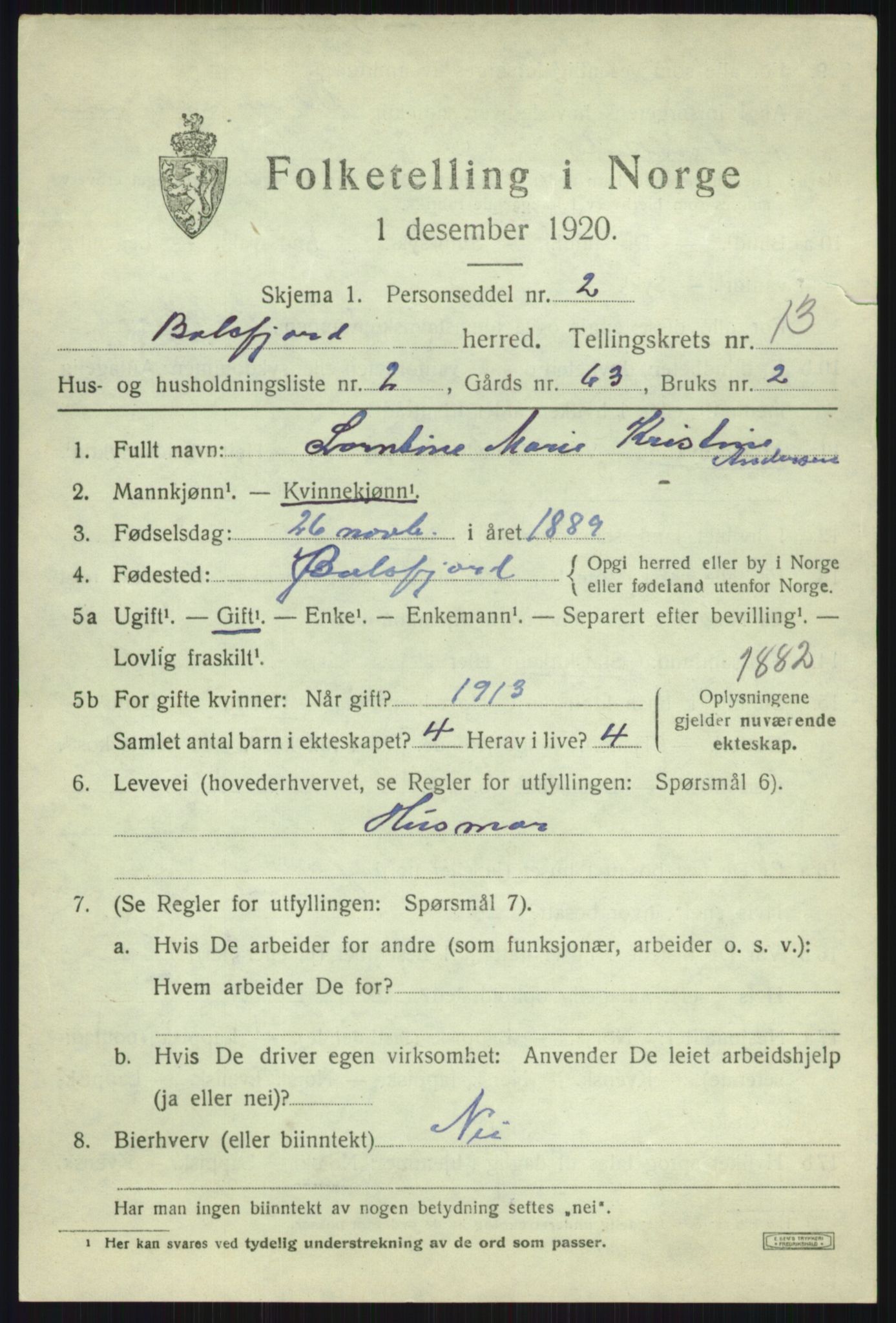 SATØ, 1920 census for Balsfjord, 1920, p. 7608