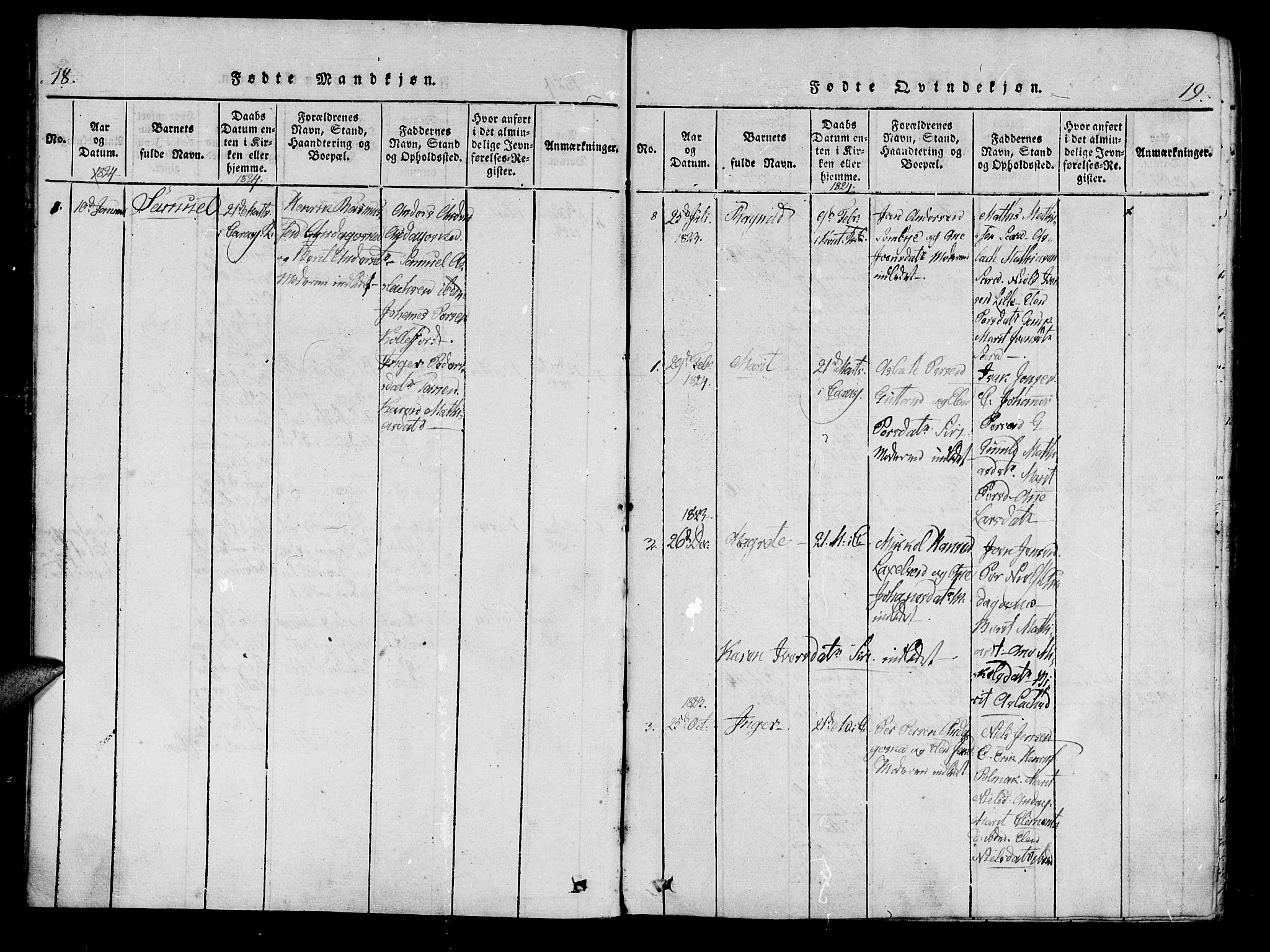 Kistrand/Porsanger sokneprestembete, AV/SATØ-S-1351/H/Ha/L0010.kirke: Parish register (official) no. 10, 1821-1842, p. 18-19