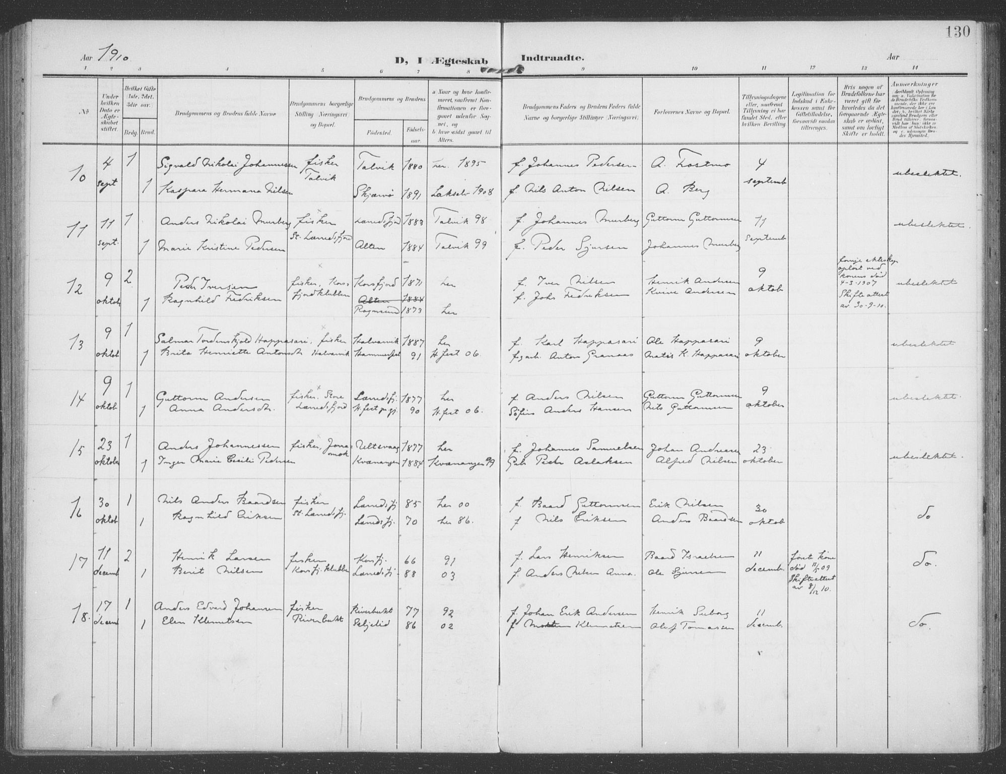 Talvik sokneprestkontor, SATØ/S-1337/H/Ha/L0017kirke: Parish register (official) no. 17, 1906-1915, p. 130
