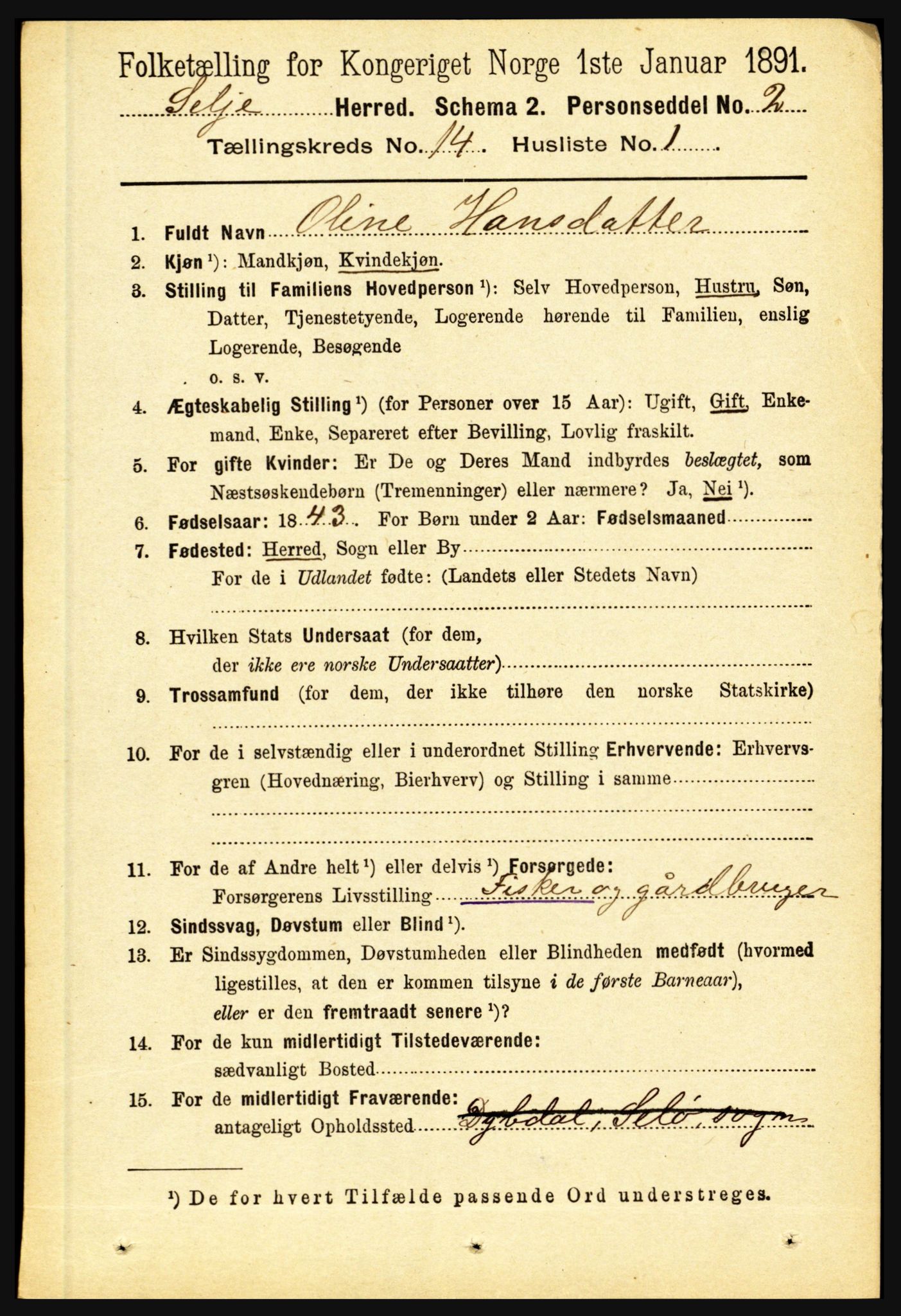 RA, 1891 census for 1441 Selje, 1891, p. 4437