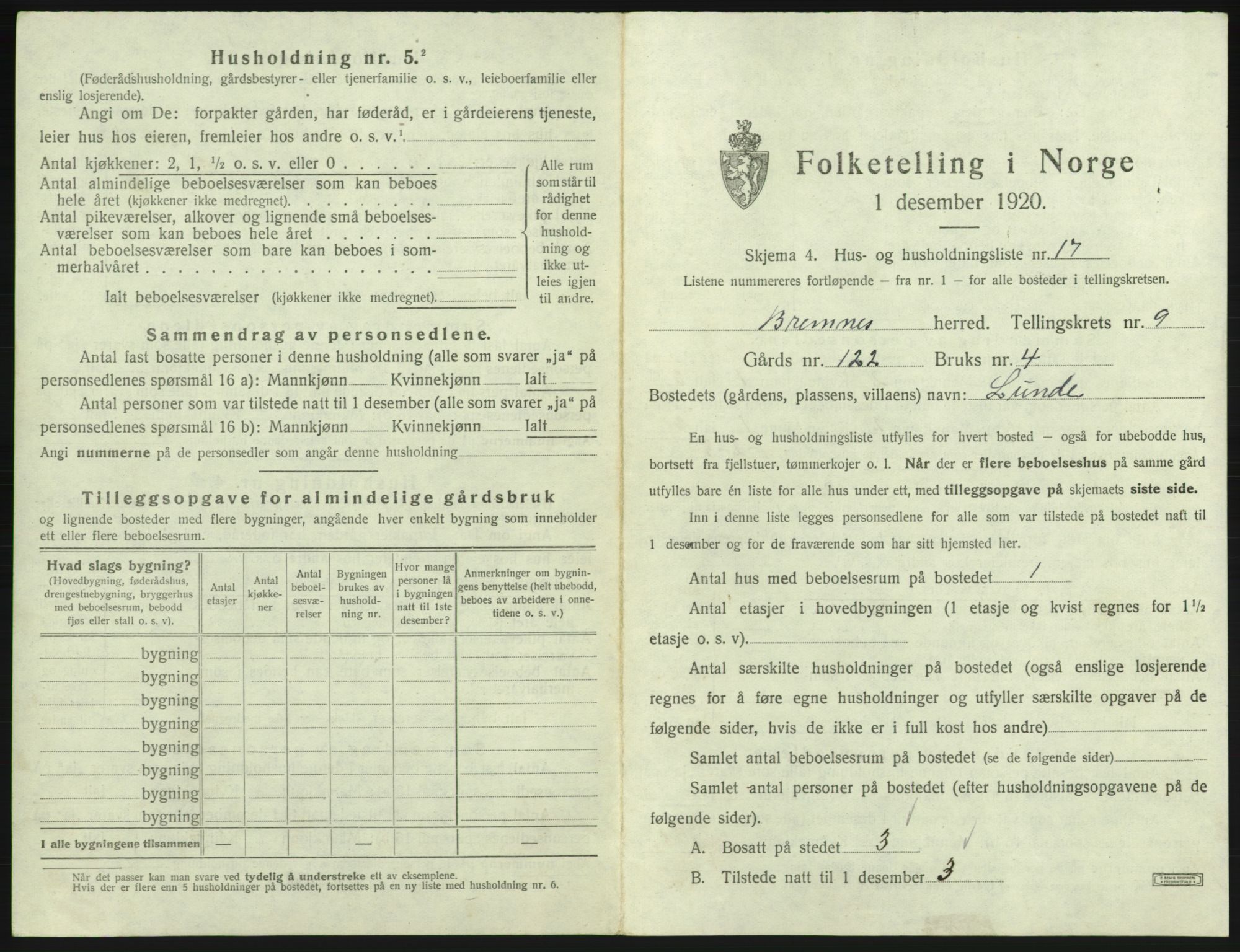 SAB, 1920 census for Bremnes, 1920, p. 811