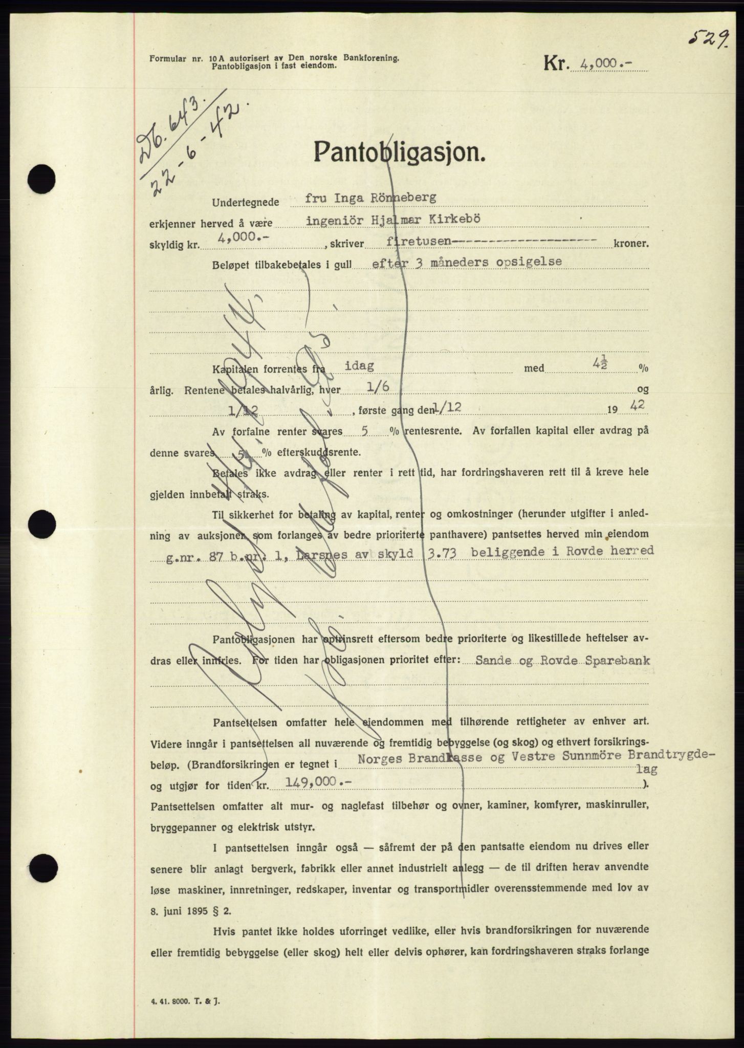 Søre Sunnmøre sorenskriveri, AV/SAT-A-4122/1/2/2C/L0073: Mortgage book no. 67, 1941-1942, Diary no: : 643/1942