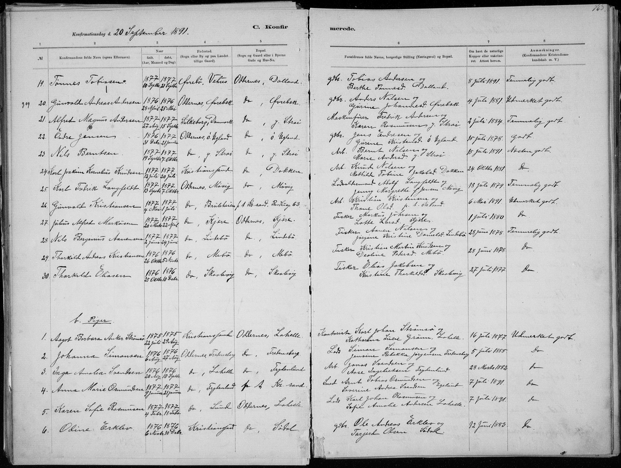 Oddernes sokneprestkontor, AV/SAK-1111-0033/F/Fa/Faa/L0009: Parish register (official) no. A 9, 1884-1896, p. 165