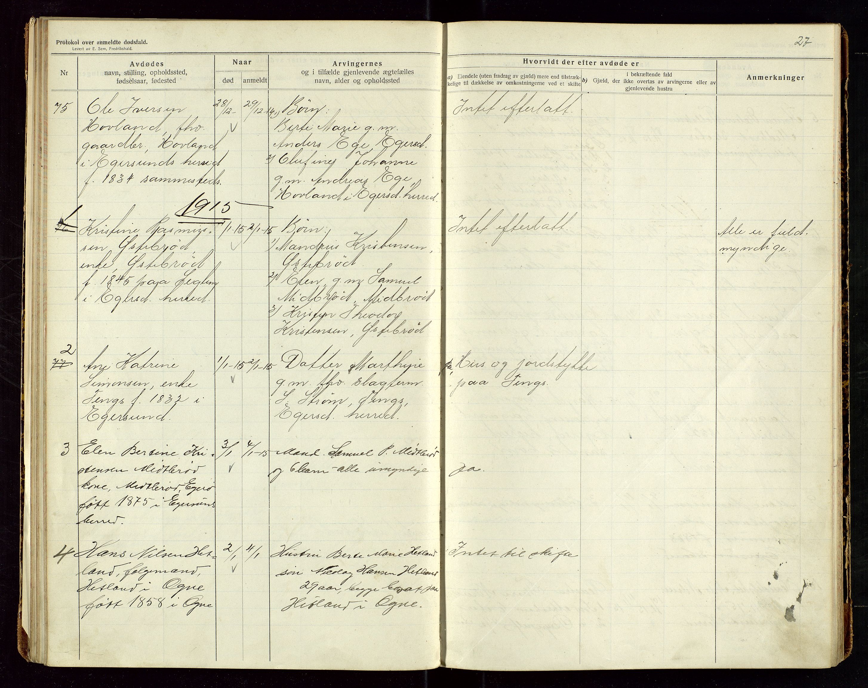 Eigersund lensmannskontor, SAST/A-100171/Gga/L0006: "Protokol over anmeldte dødsfald" m/alfabetisk navneregister, 1914-1917, p. 27