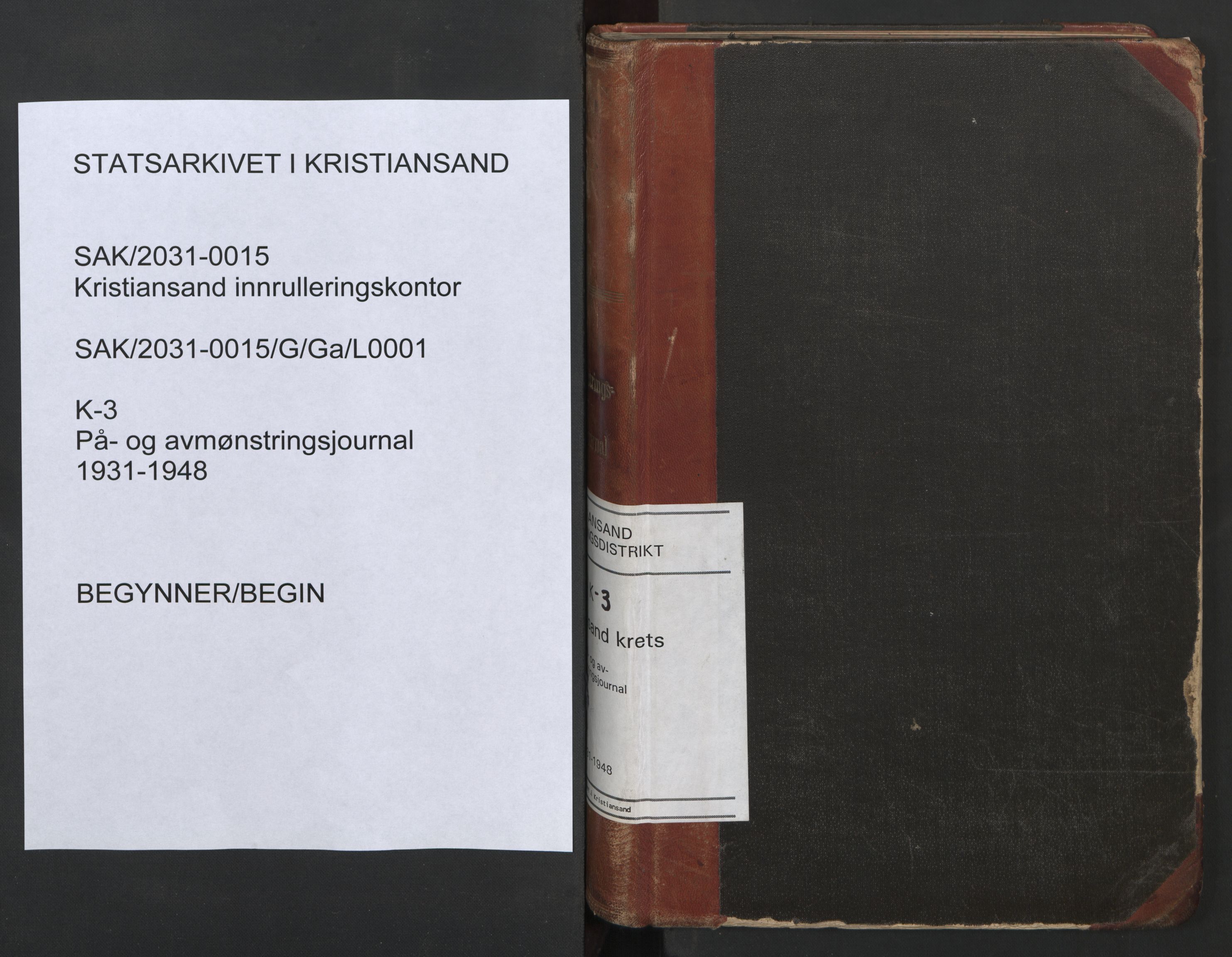Kristiansand mønstringskrets, SAK/2031-0015/G/Ga/L0001: På- og avmønstringsjournal, K-3, 1931-1948, p. 1
