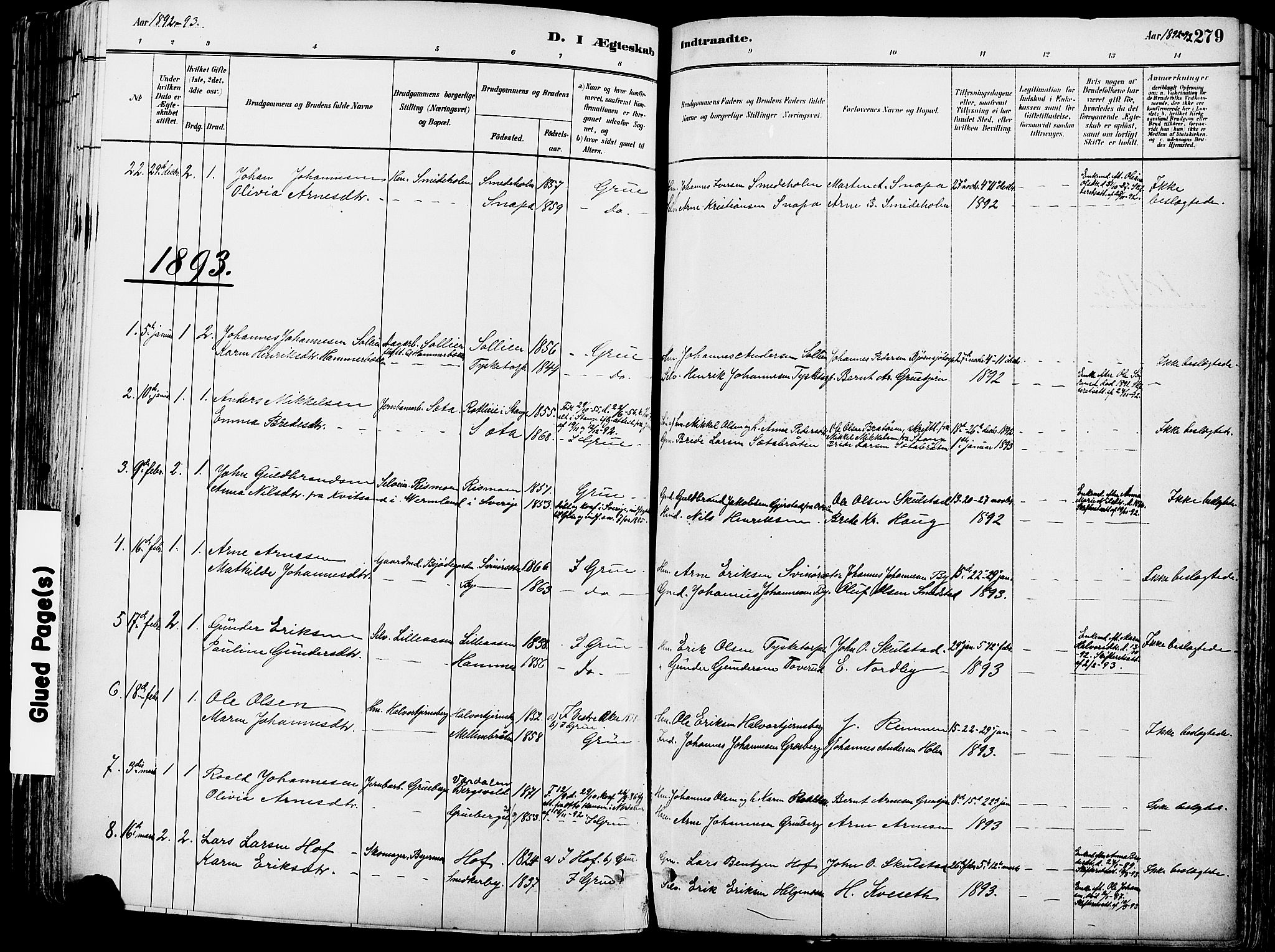 Grue prestekontor, SAH/PREST-036/H/Ha/Haa/L0012: Parish register (official) no. 12, 1881-1897, p. 279