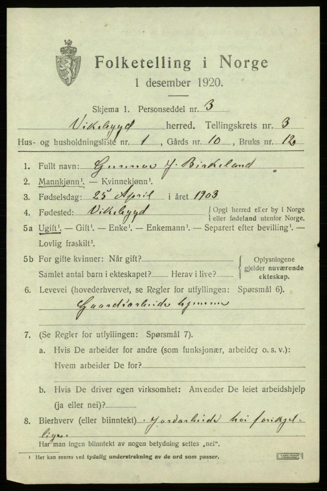 SAB, 1920 census for Vikebygd, 1920, p. 1171