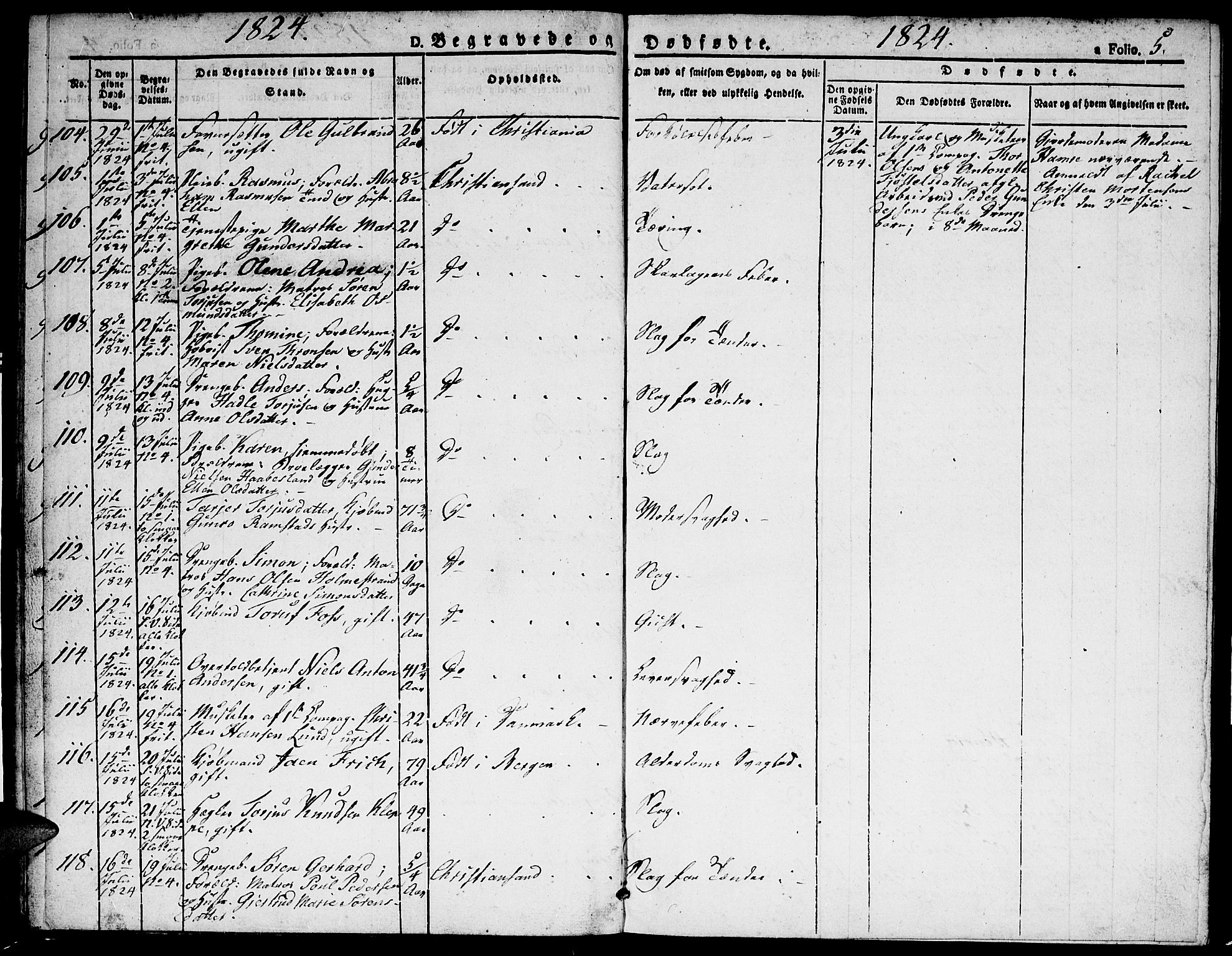 Kristiansand domprosti, SAK/1112-0006/F/Fa/L0010: Parish register (official) no. A 10, 1824-1827, p. 5