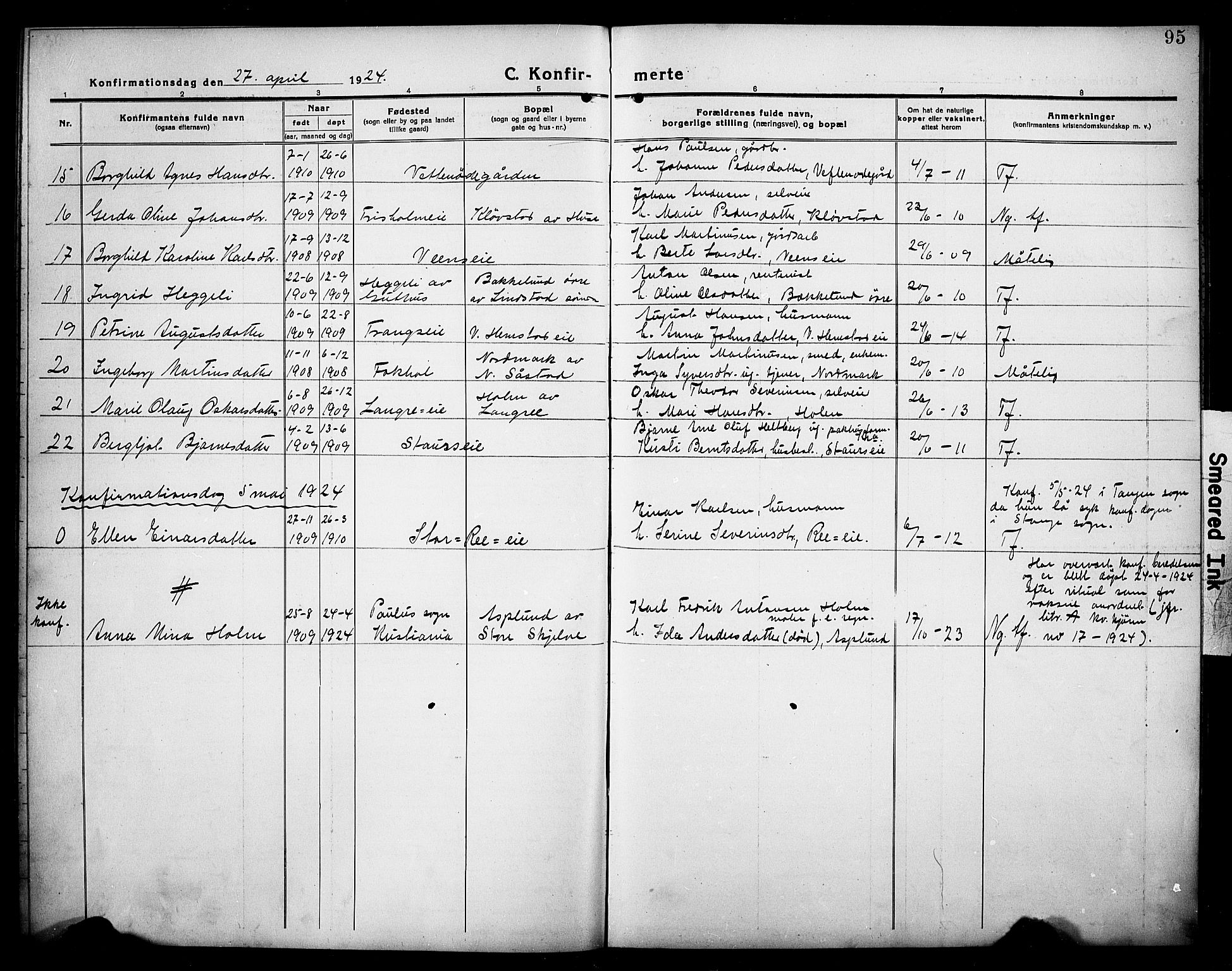 Stange prestekontor, AV/SAH-PREST-002/L/L0016: Parish register (copy) no. 16, 1918-1928, p. 95