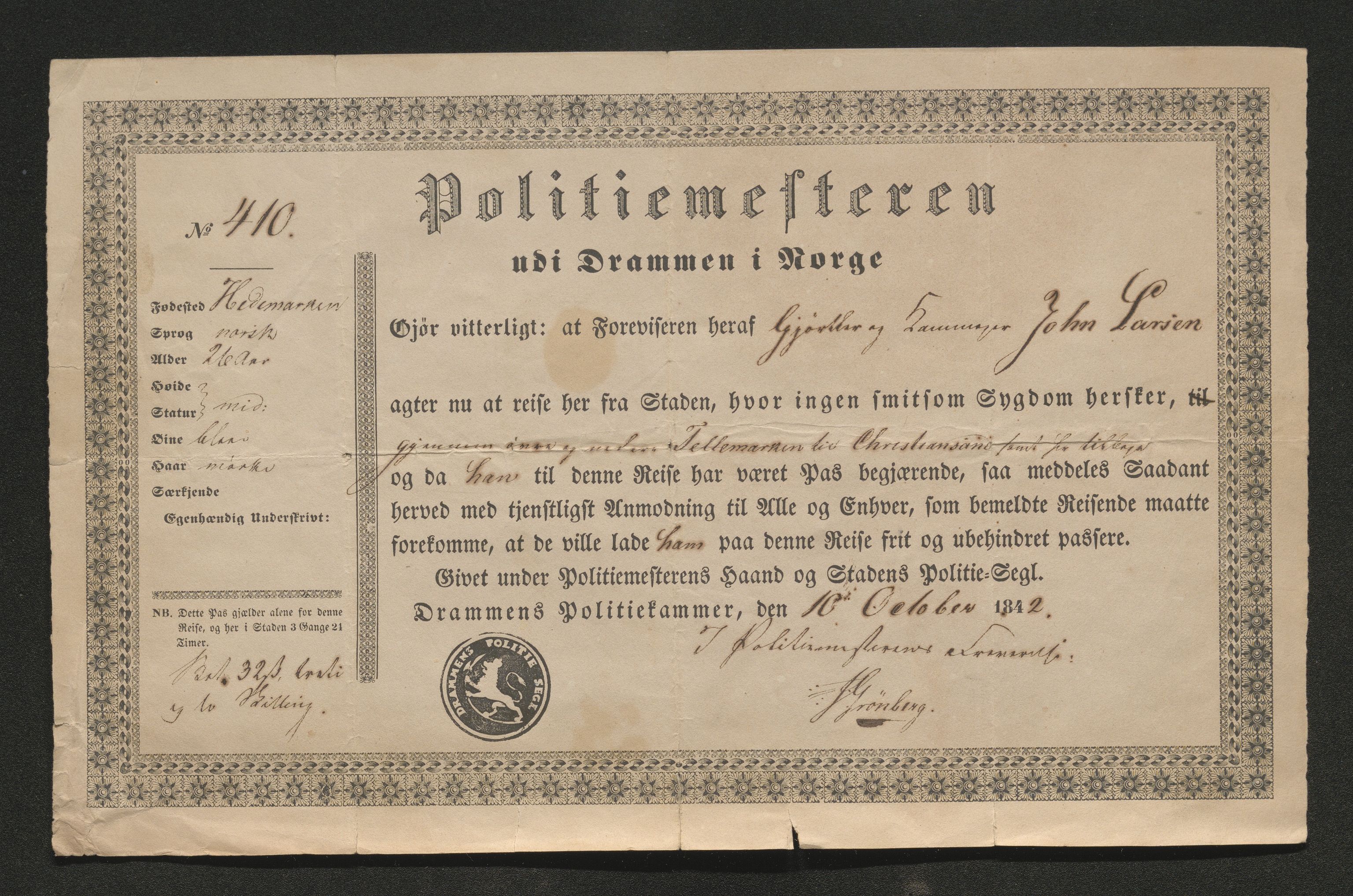 Drammen politikammer, AV/SAKO-A-623/I/Ia/Iab/L0006: Innleverte pass, 1841-1842, p. 624