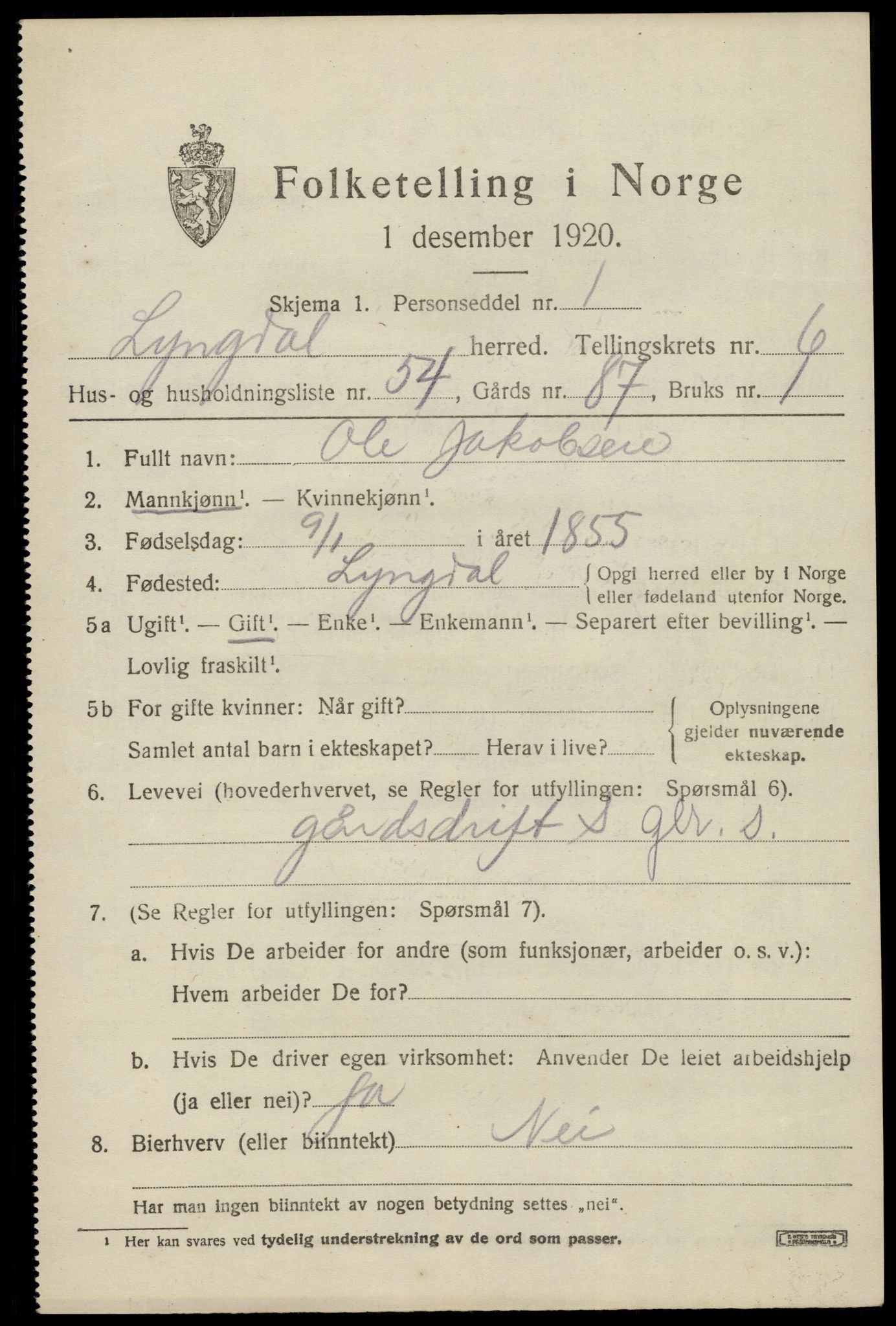 SAK, 1920 census for Lyngdal, 1920, p. 3903