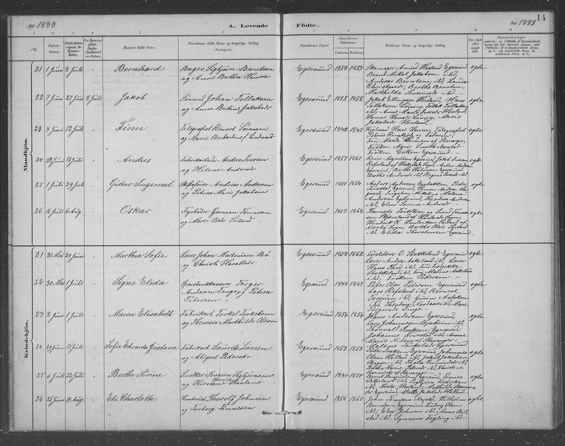 Eigersund sokneprestkontor, AV/SAST-A-101807/S09/L0008: Parish register (copy) no. B 8, 1882-1892, p. 14